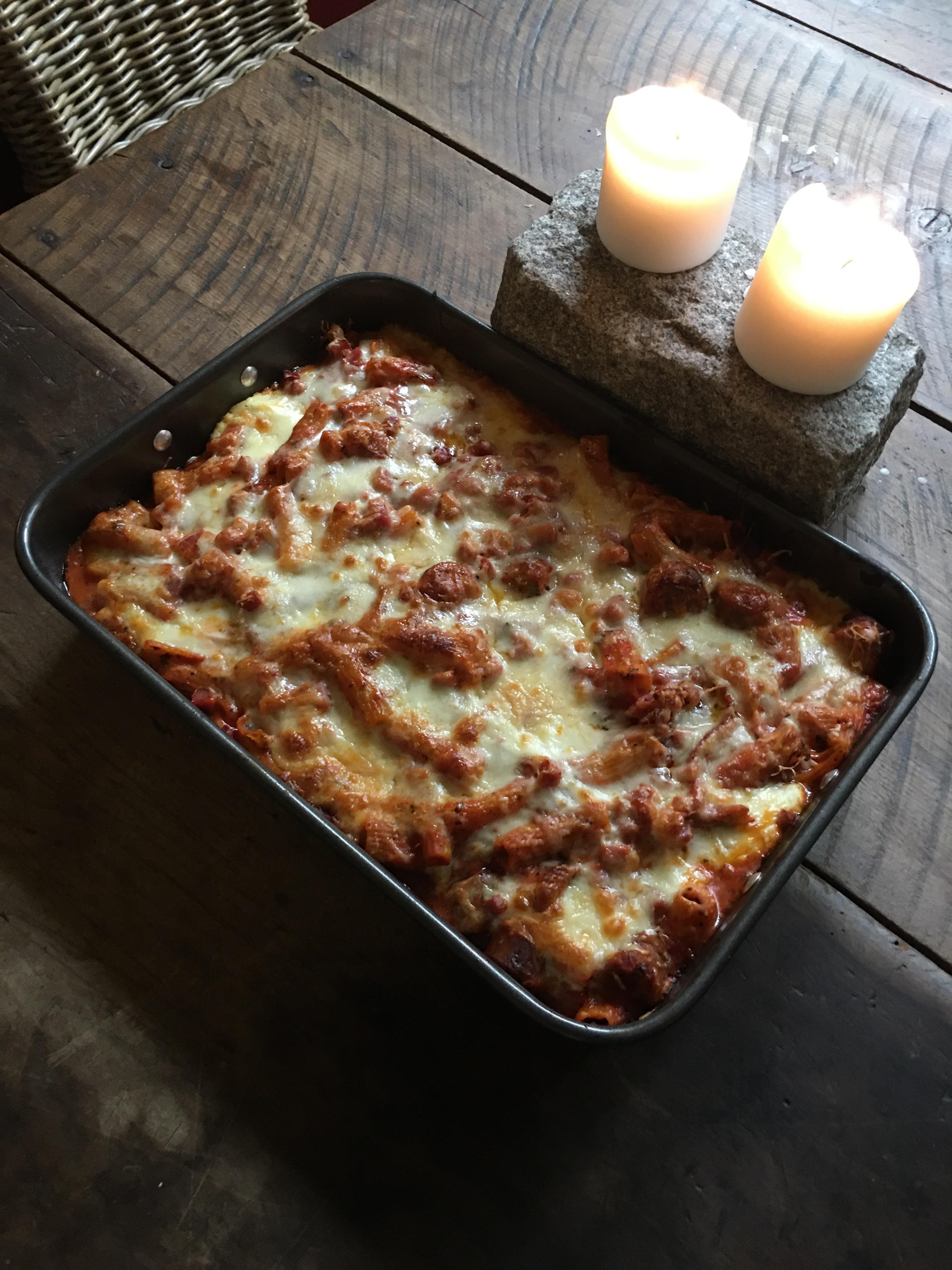 Baked Ziti with Sausage and Spicy Capicola Ham three Cheese’s and a