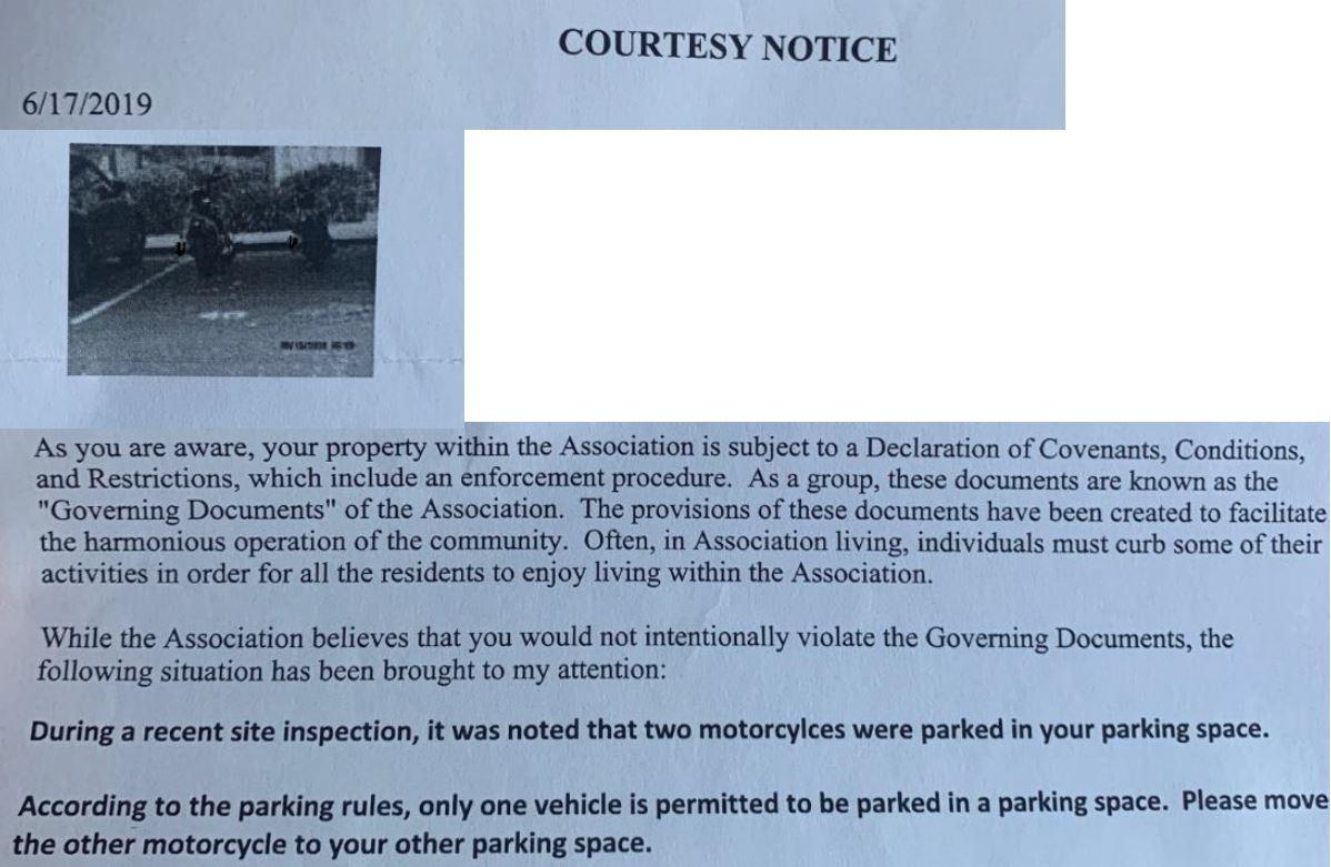 Courtesy Notice & "Vehicle" Parking for Motorcycles HOA