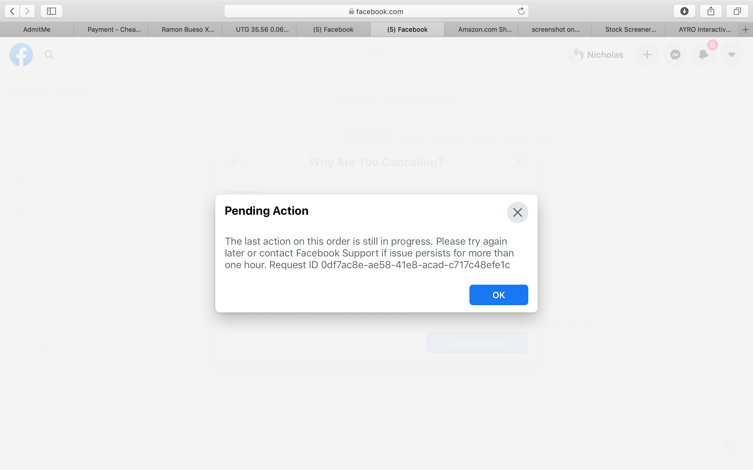 tried to cancel an order on FB marketplace. This message keeps popping