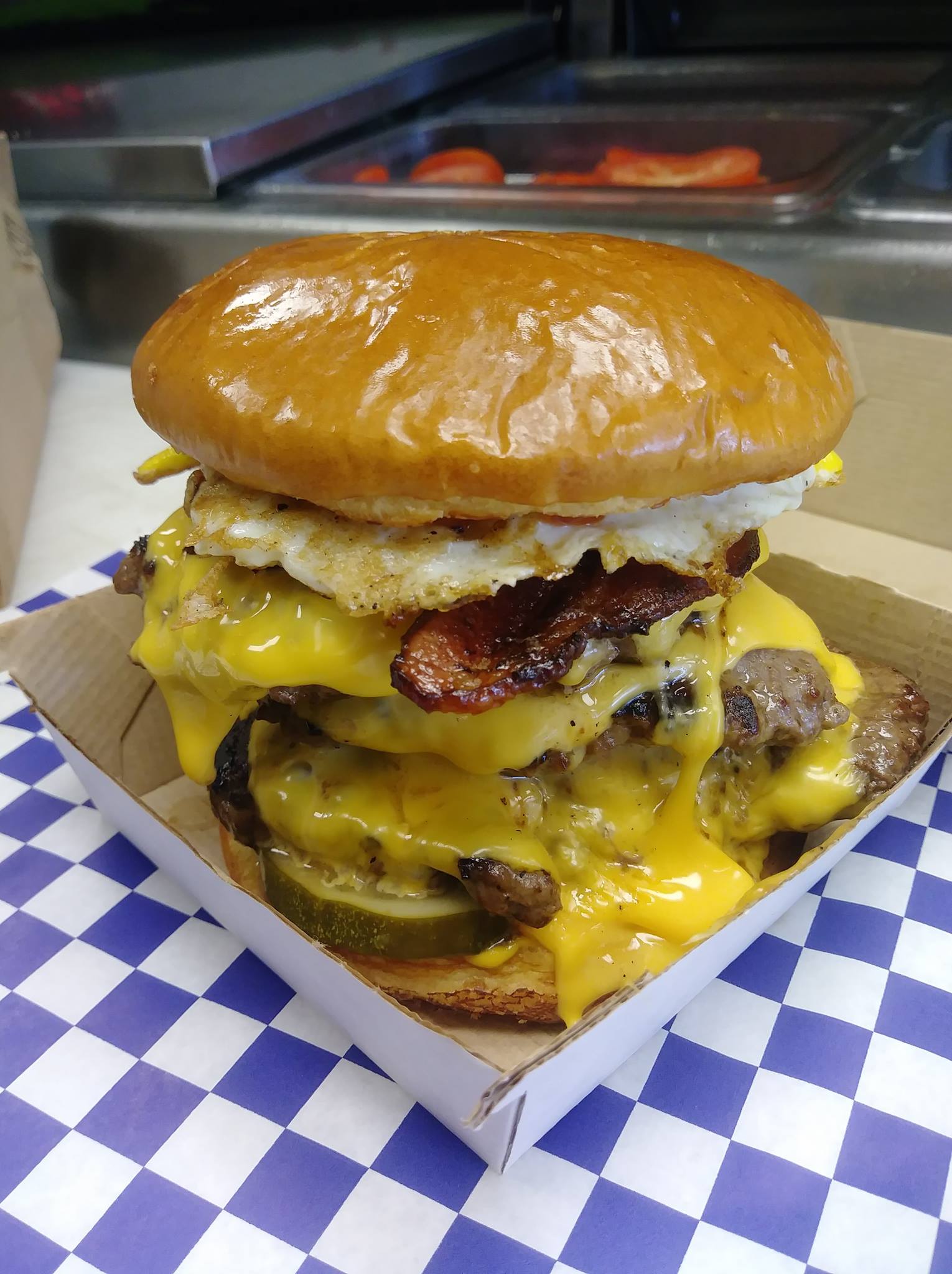 [OC] 3x3 Cheeseburger with Bacon and a Fried Egg Dale's Burger Shack