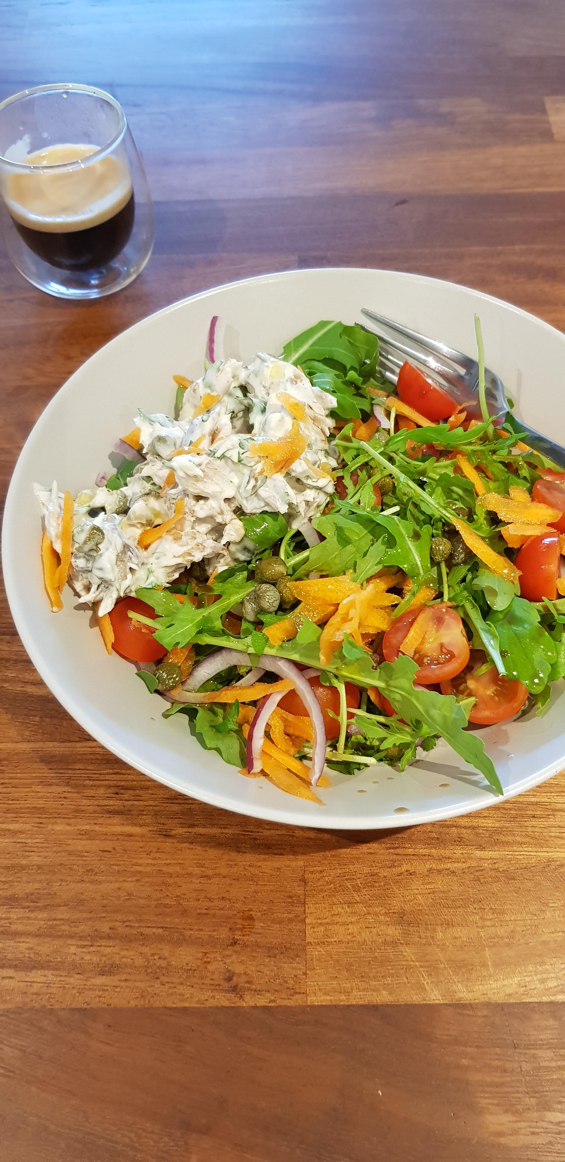 Lunch salad with mackerel, capers, parsley, lemon juice, & mayo r