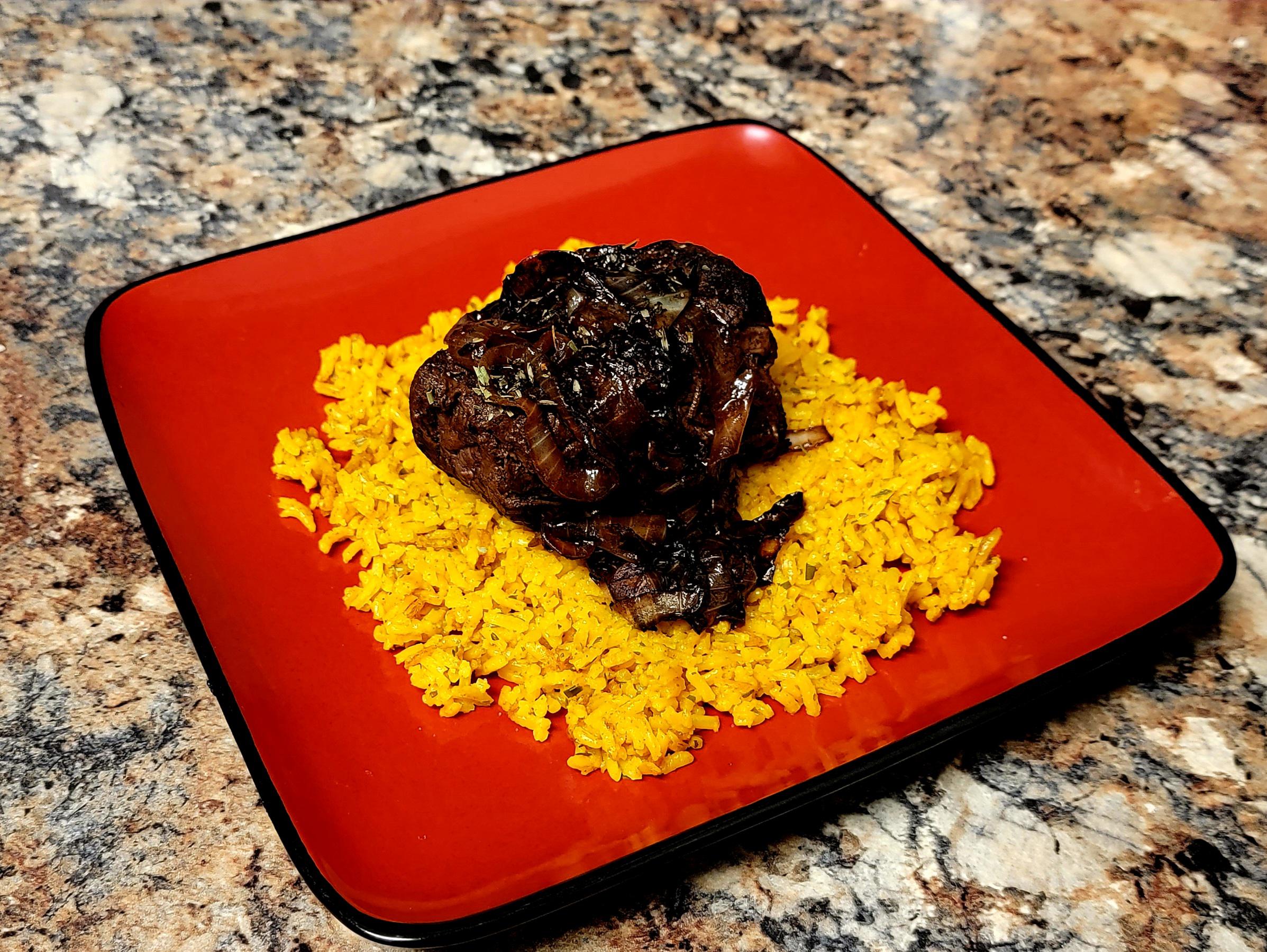 [Homemade] Beef Tenderloin Medallion and Onions in a Red Blend/Butter