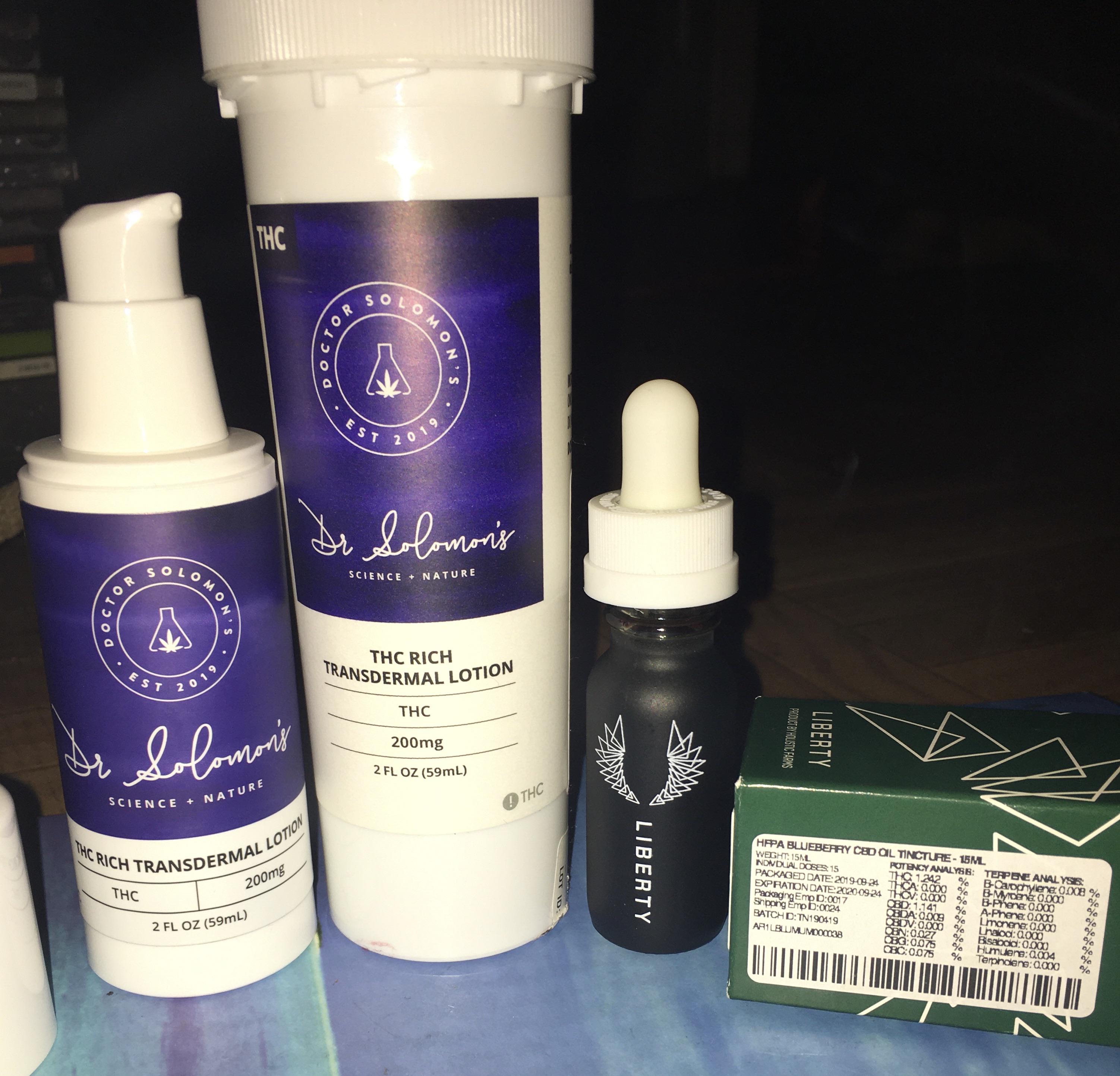 Doctor Solomon’s THC rich transdermal lotion & Liberty Blueberry CBD oil tincture (10mg thc