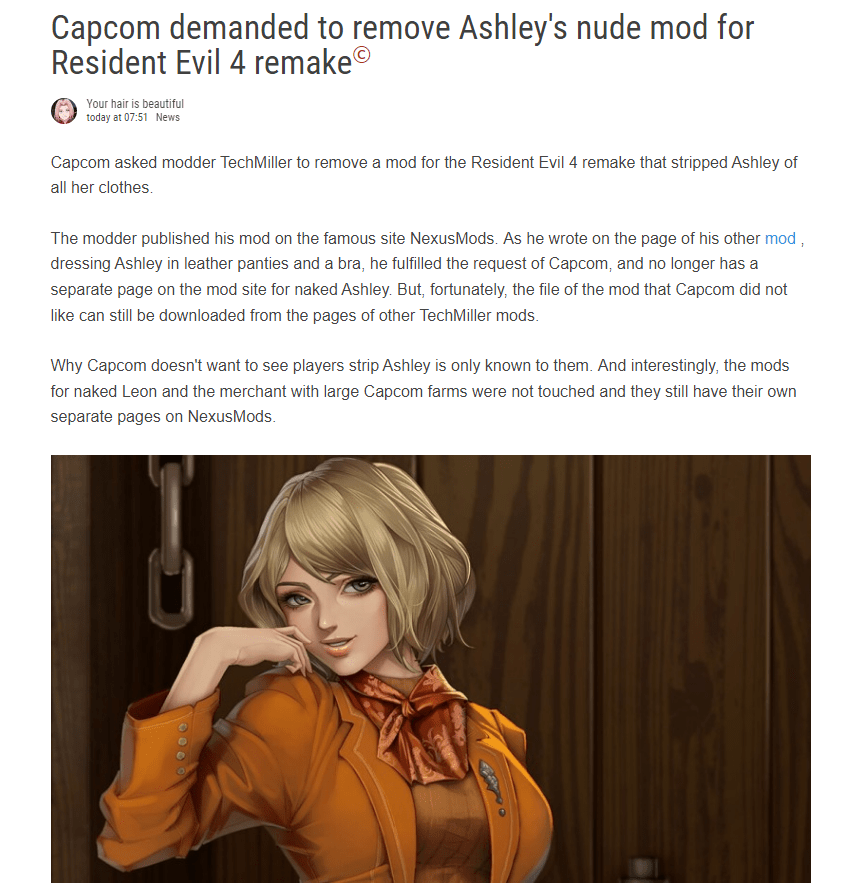 Capcom demanded to remove Ashley's nude mod for Resident Evil 4 remake