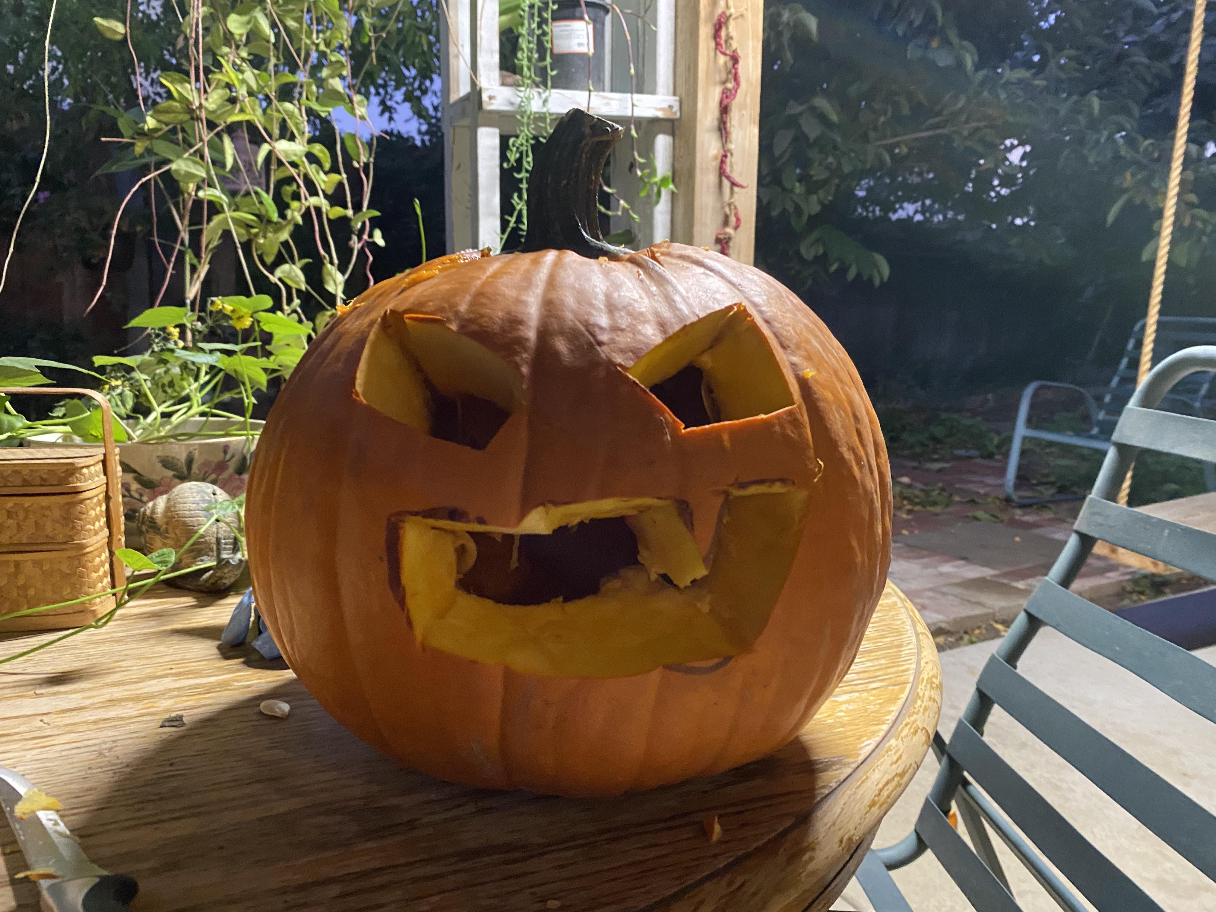 This is my first pumpkin carving and I made the sinister p. Btw one of the fangs fell out r/roblox