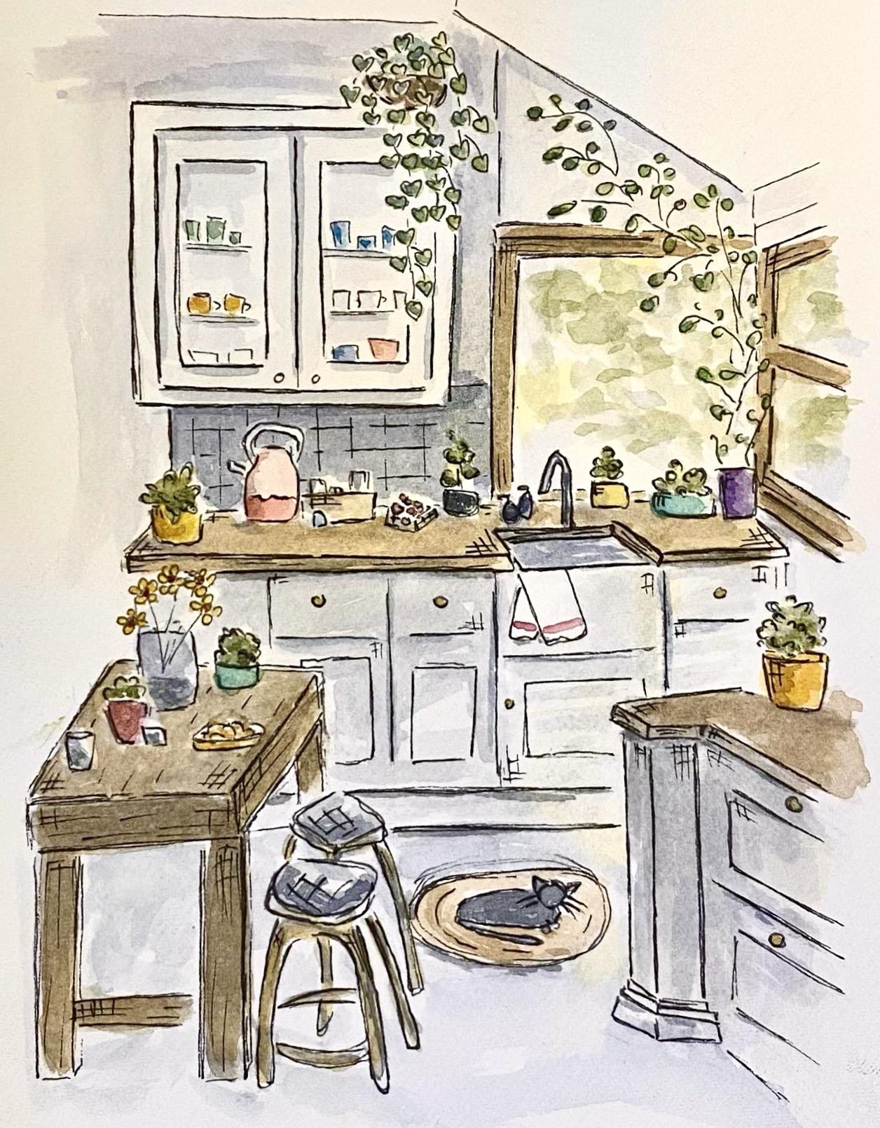 Watercolor and ink painting of a cozy kitchen r/CozyPlaces