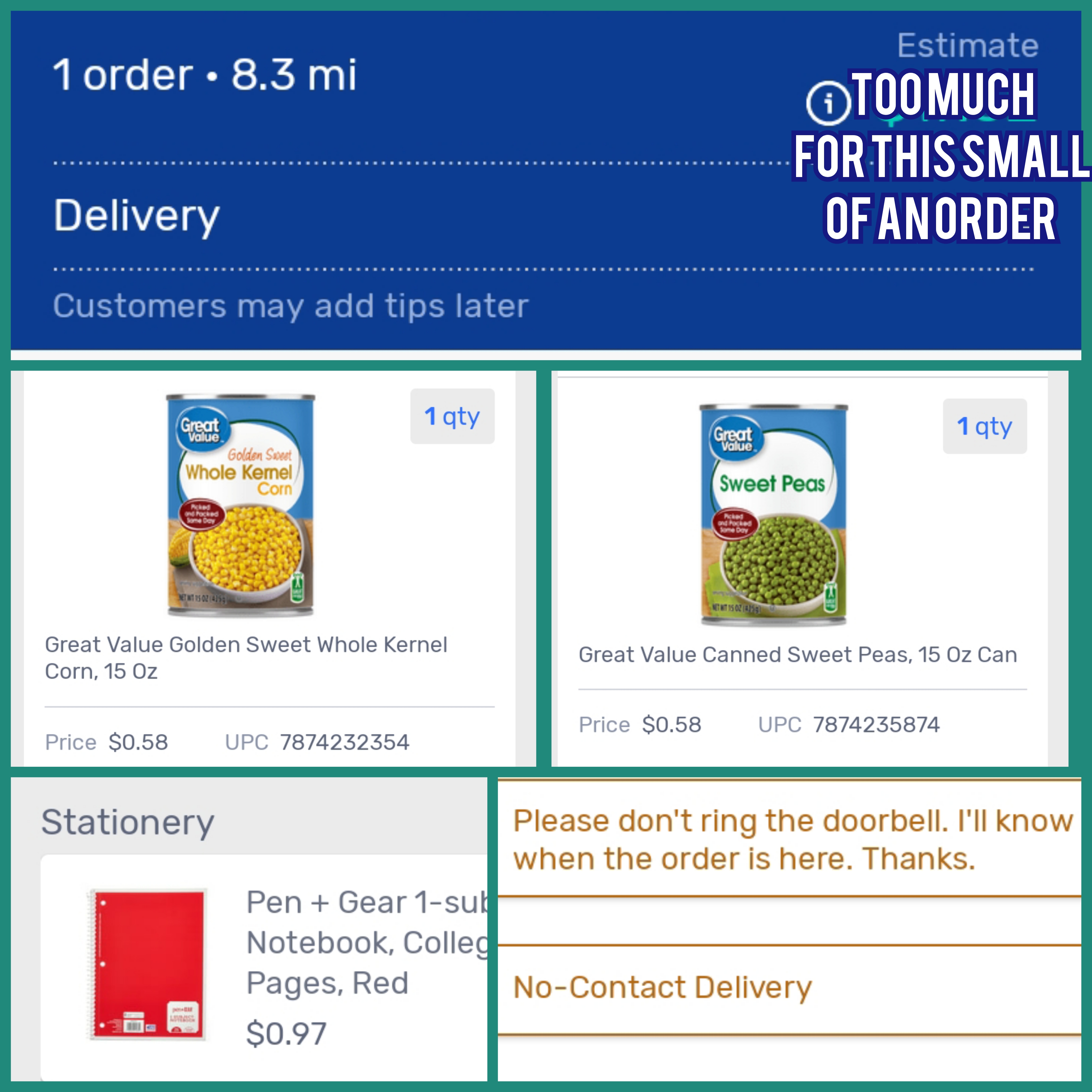 So Many Questions. Two Cans Of Food, A Notebook, Customer Prolly Paying