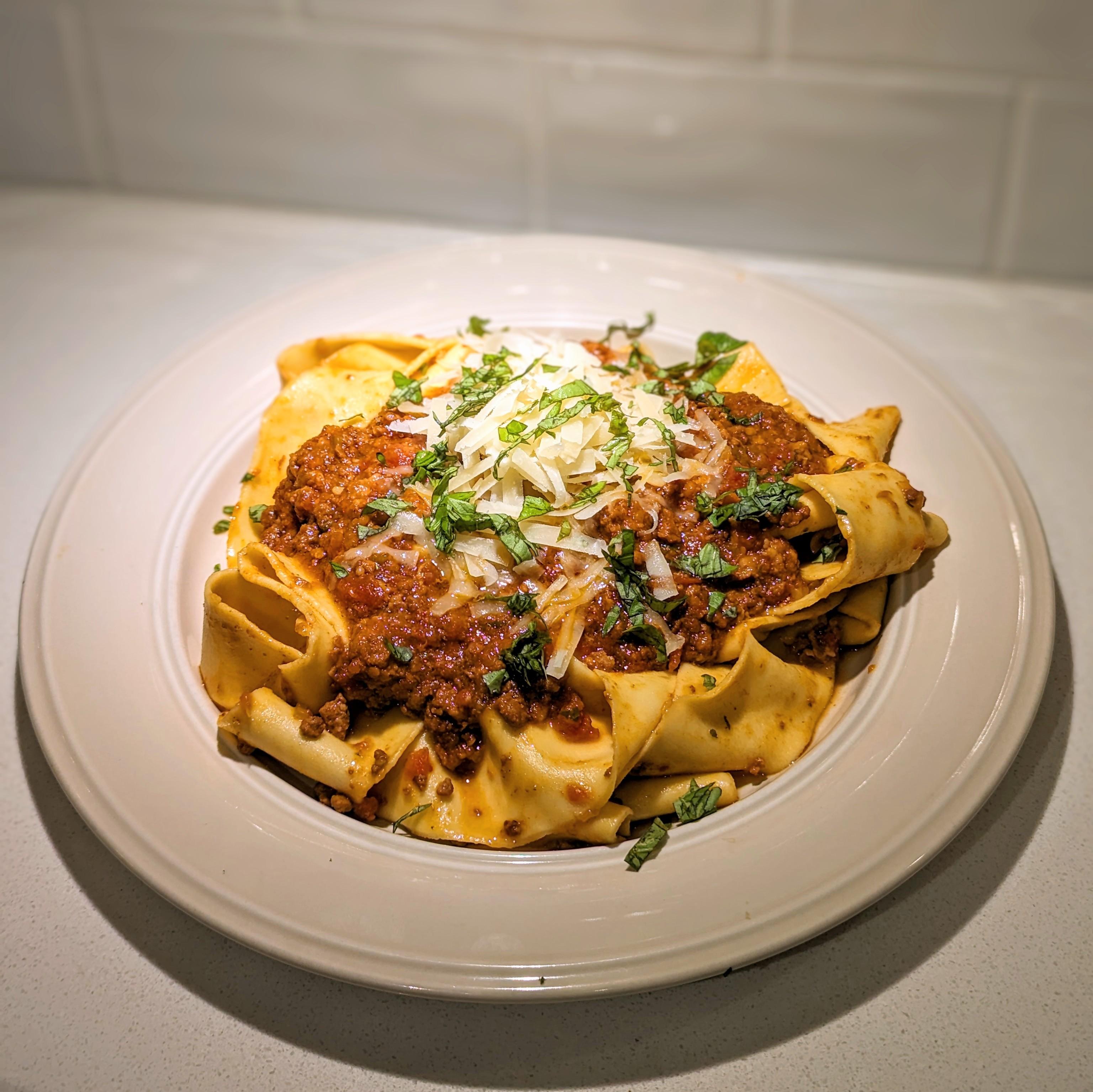 [homemade] Pappardelle alla Bolognese. 11 hour sauce with homemade pasta. r/food