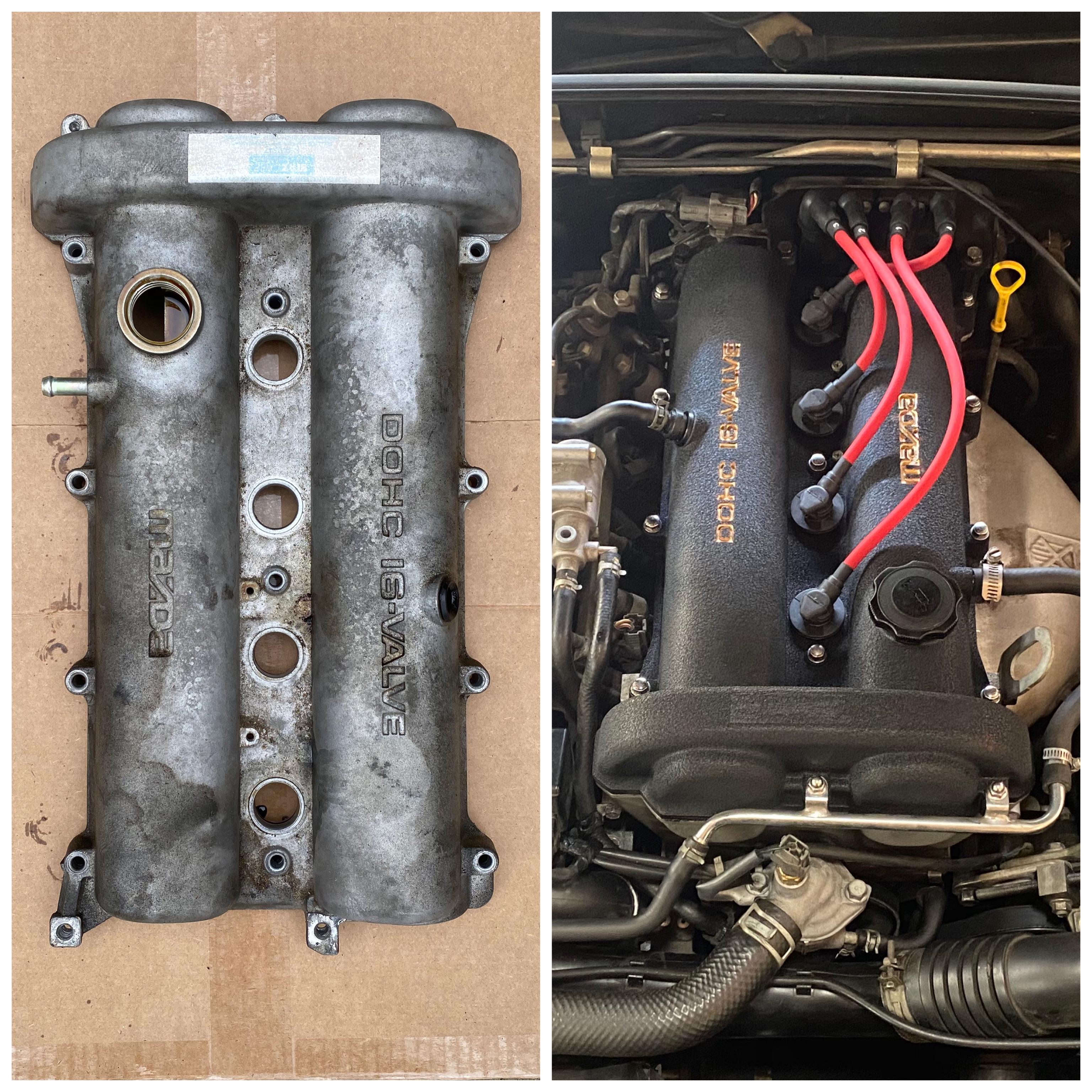 Painted my valve cover! Also new spark plugs, wires, and gasket. r/Miata