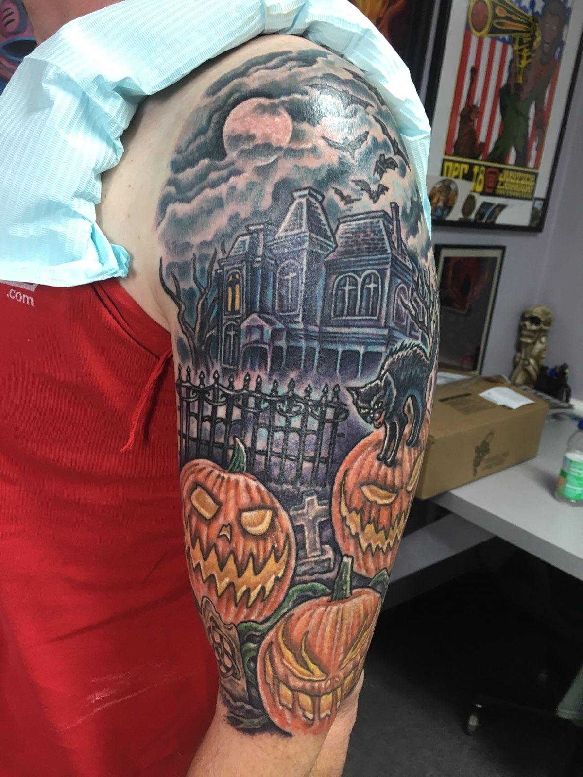 Halloween theme by Don McDonald, Bodyworks Tattoo in Pittsburgh r/tattoos