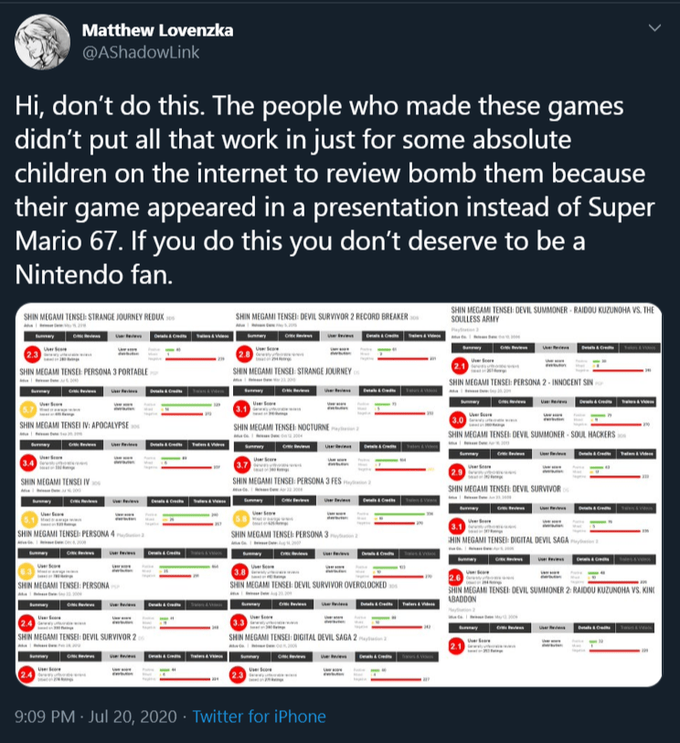 Apparently some Nintendo fans are reviewbombing SMT games because of the direct. Megaten