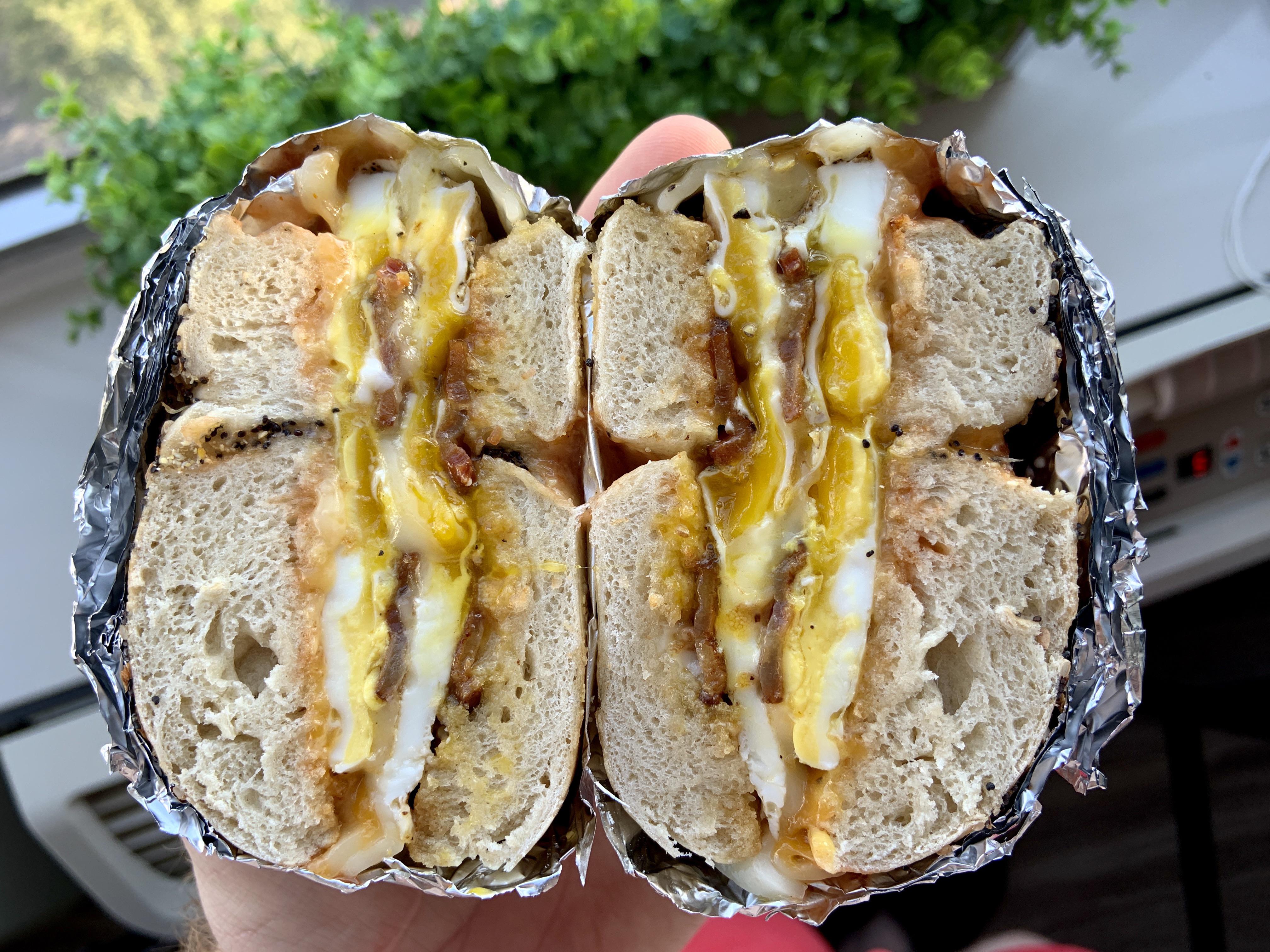 Breakfast Sammich! Bacon, 2 fried eggs and cheddar/havarti cheese on an