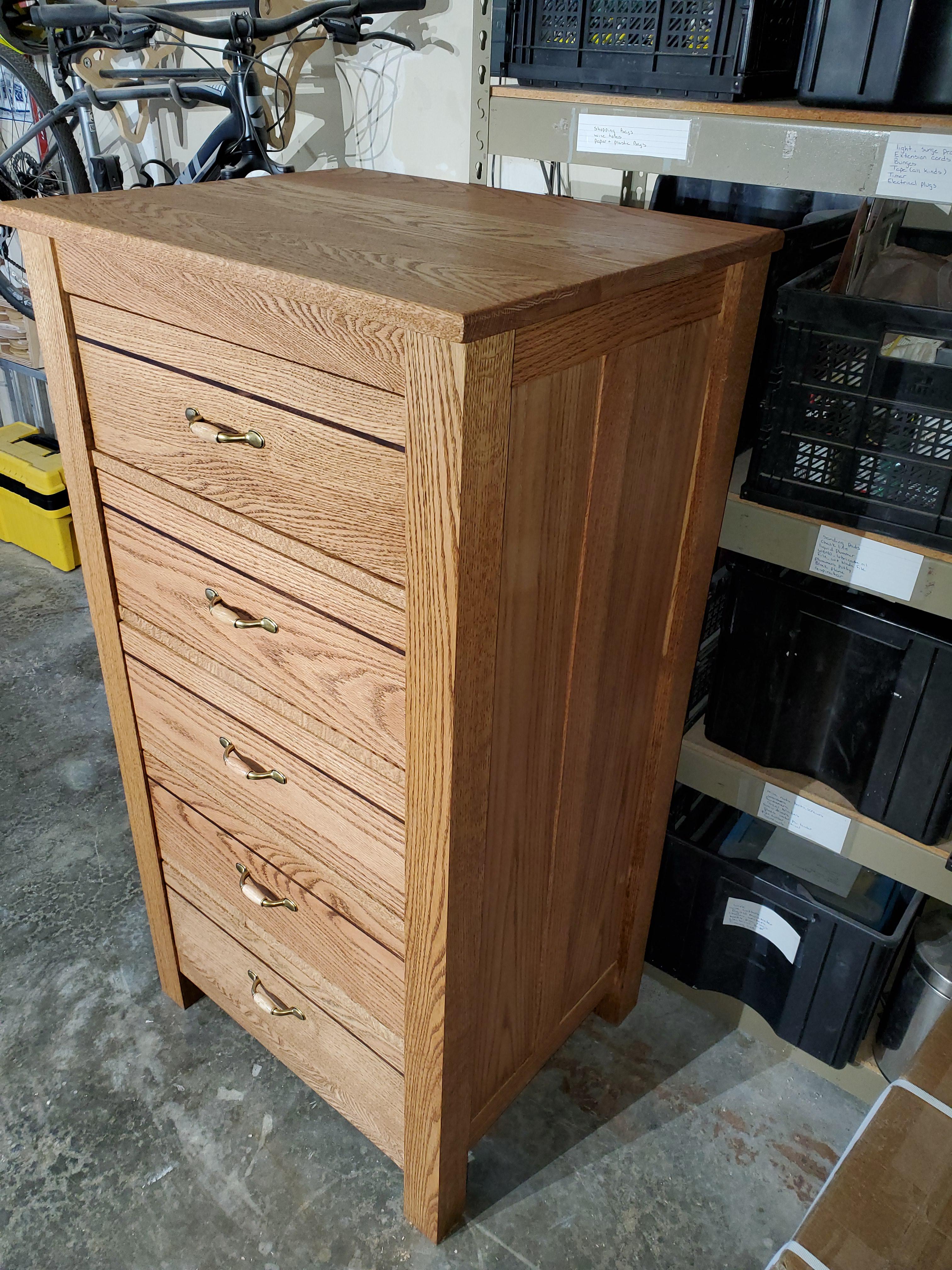 Upright dresser red oak with walnut inlay on drawers r/woodworking