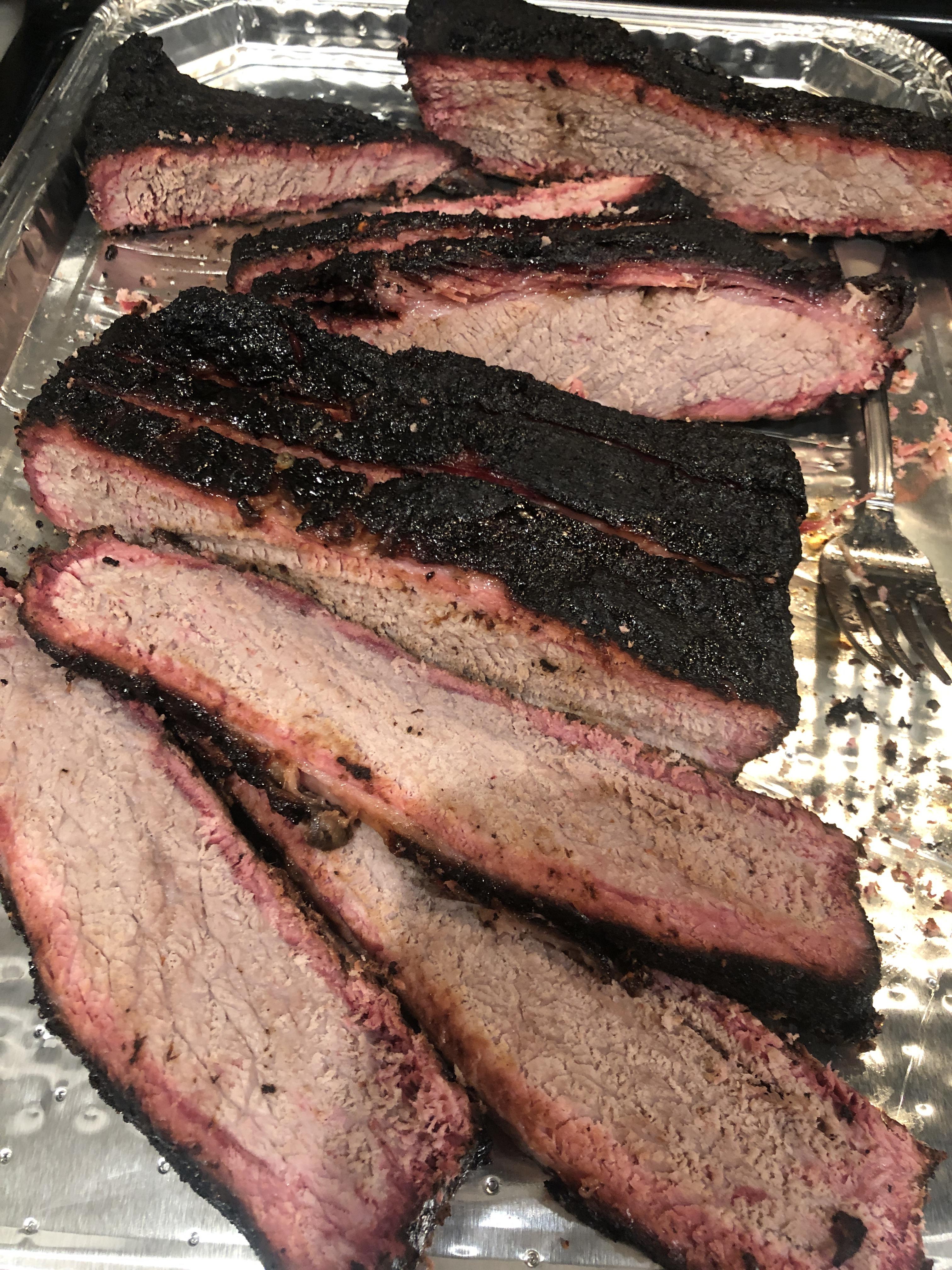 [Homemade] pecan smoked brisket with dry rub that had spices and peppers I grew in my back yard