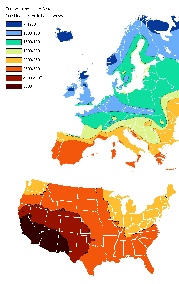 Sunshine duration in hours per year, USA and Europe r/MapPorn