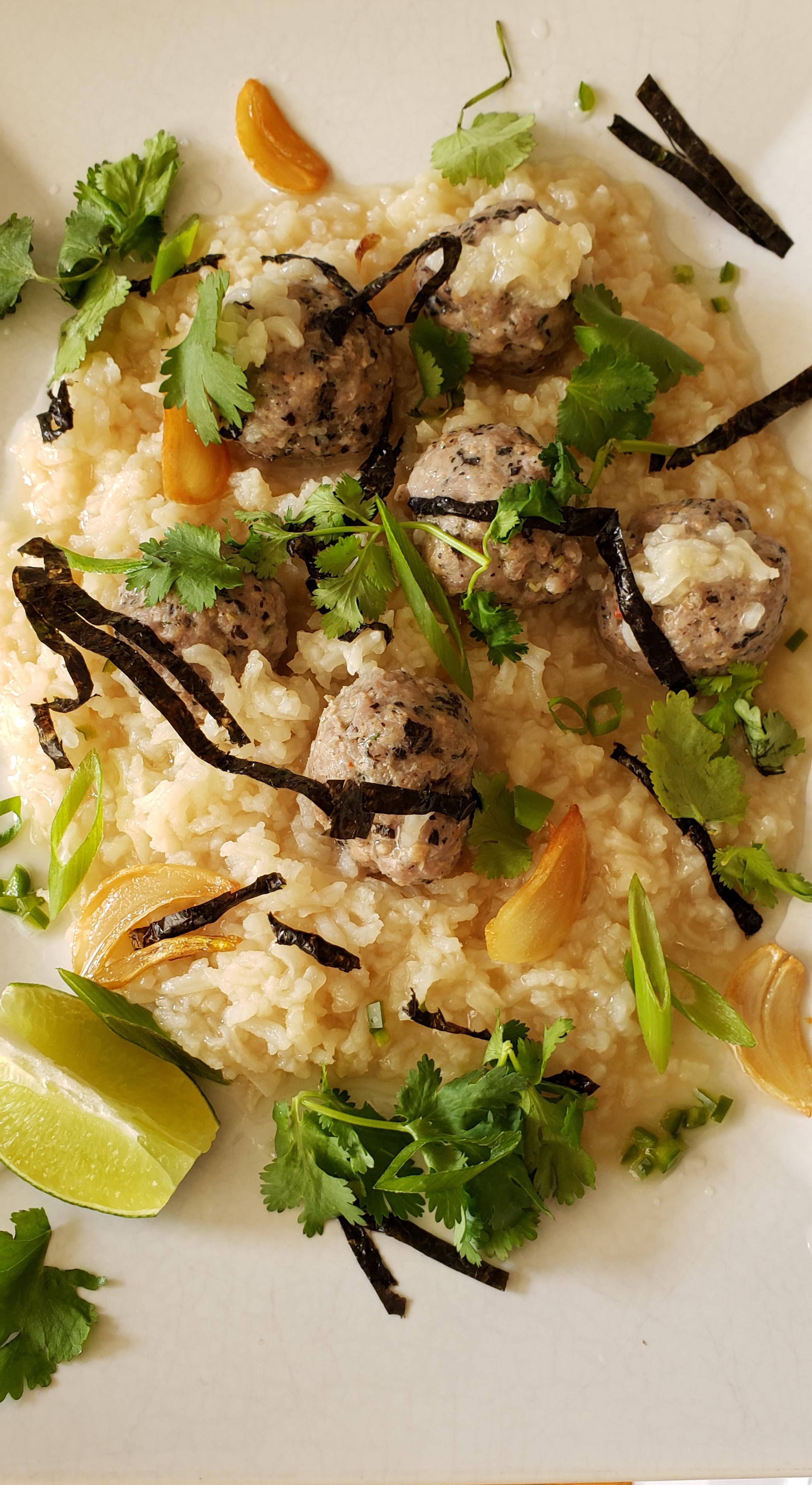 [homemade] Jasmine rice Congee with pork sausage and nori meatballs