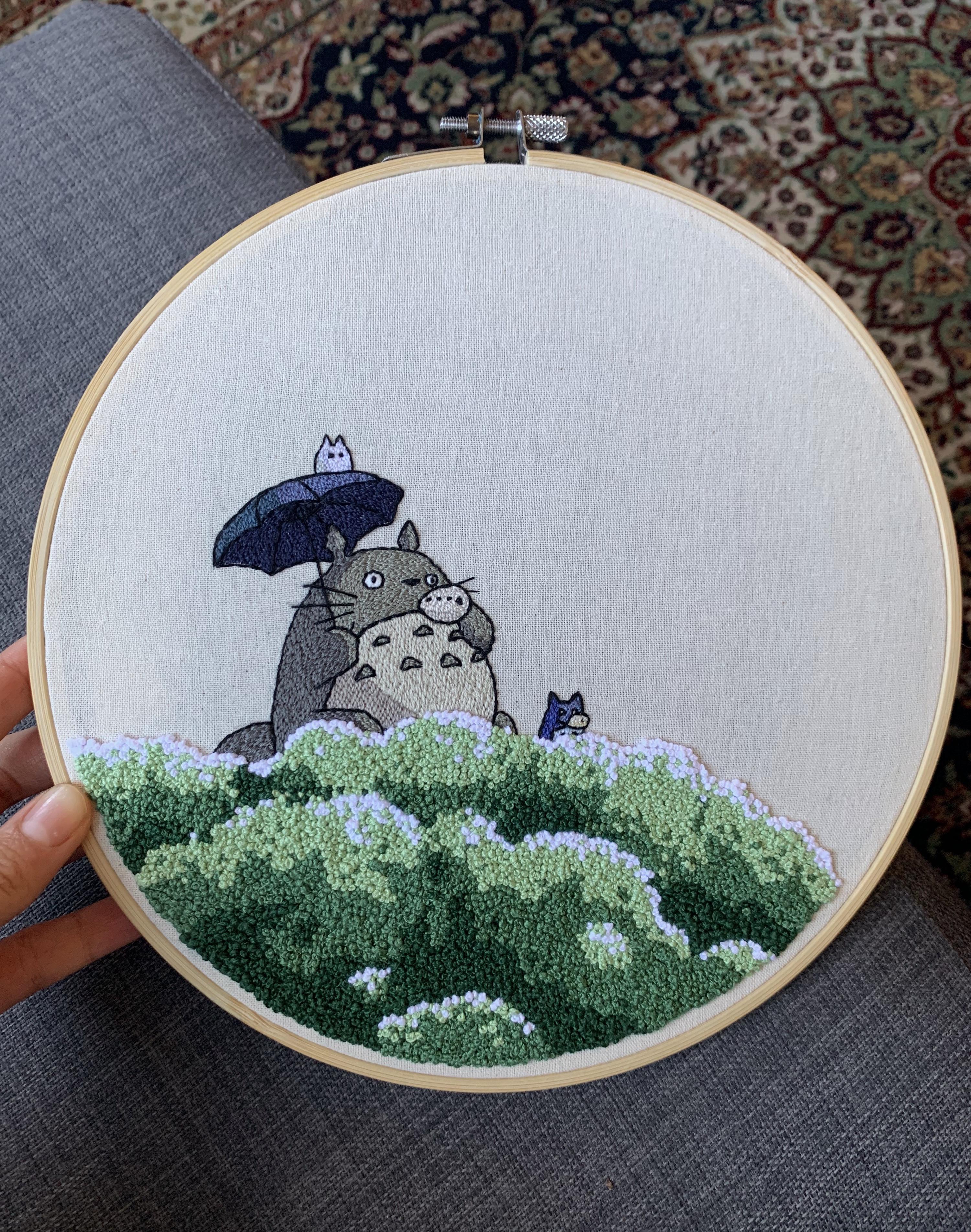 I just finished this Totoro embroidery piece I've been working on for the past month! Thought