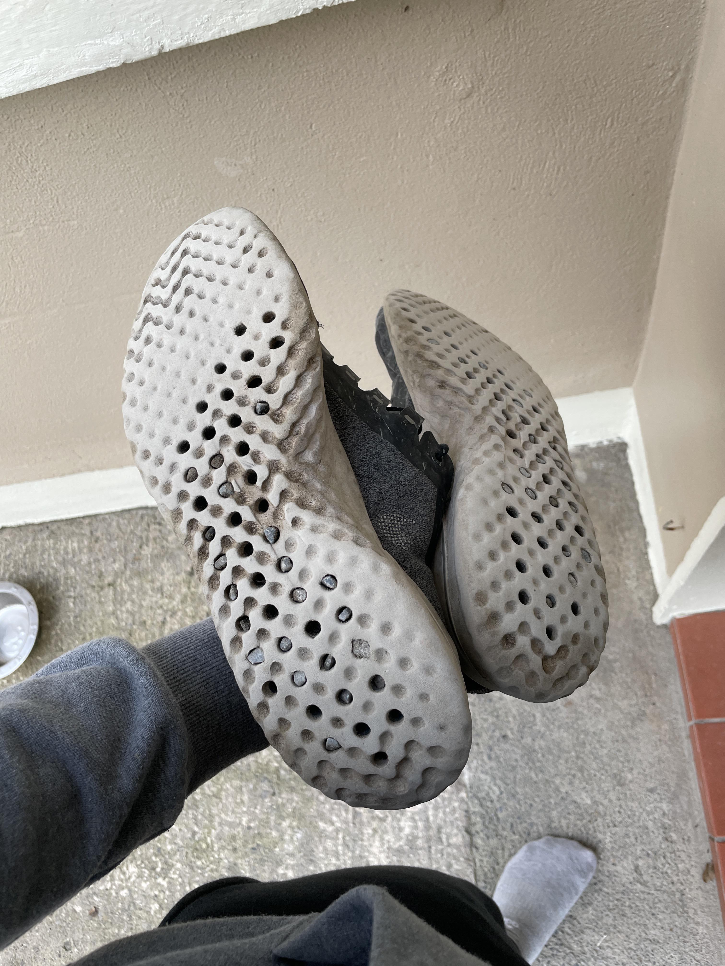 Soles of these shoes have holes in them, traps gravel and rocks that