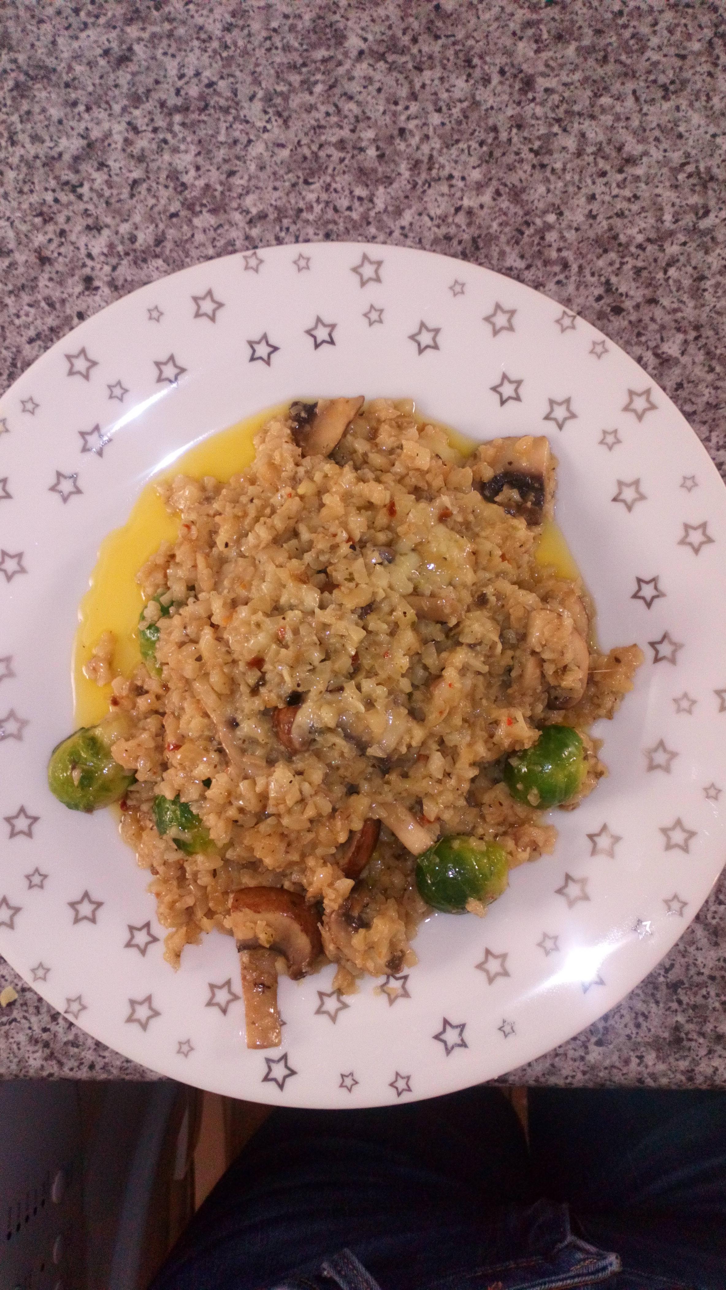 Cauliflower risotto with mushrooms and brussels sprouts. Please correct