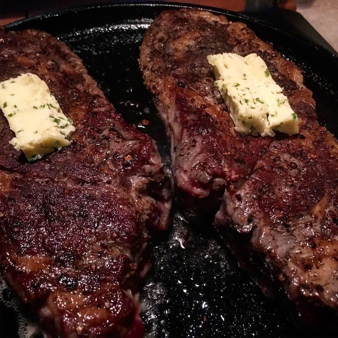 Chuck eye steaks , dry aged and reverse seared with mushroom chive