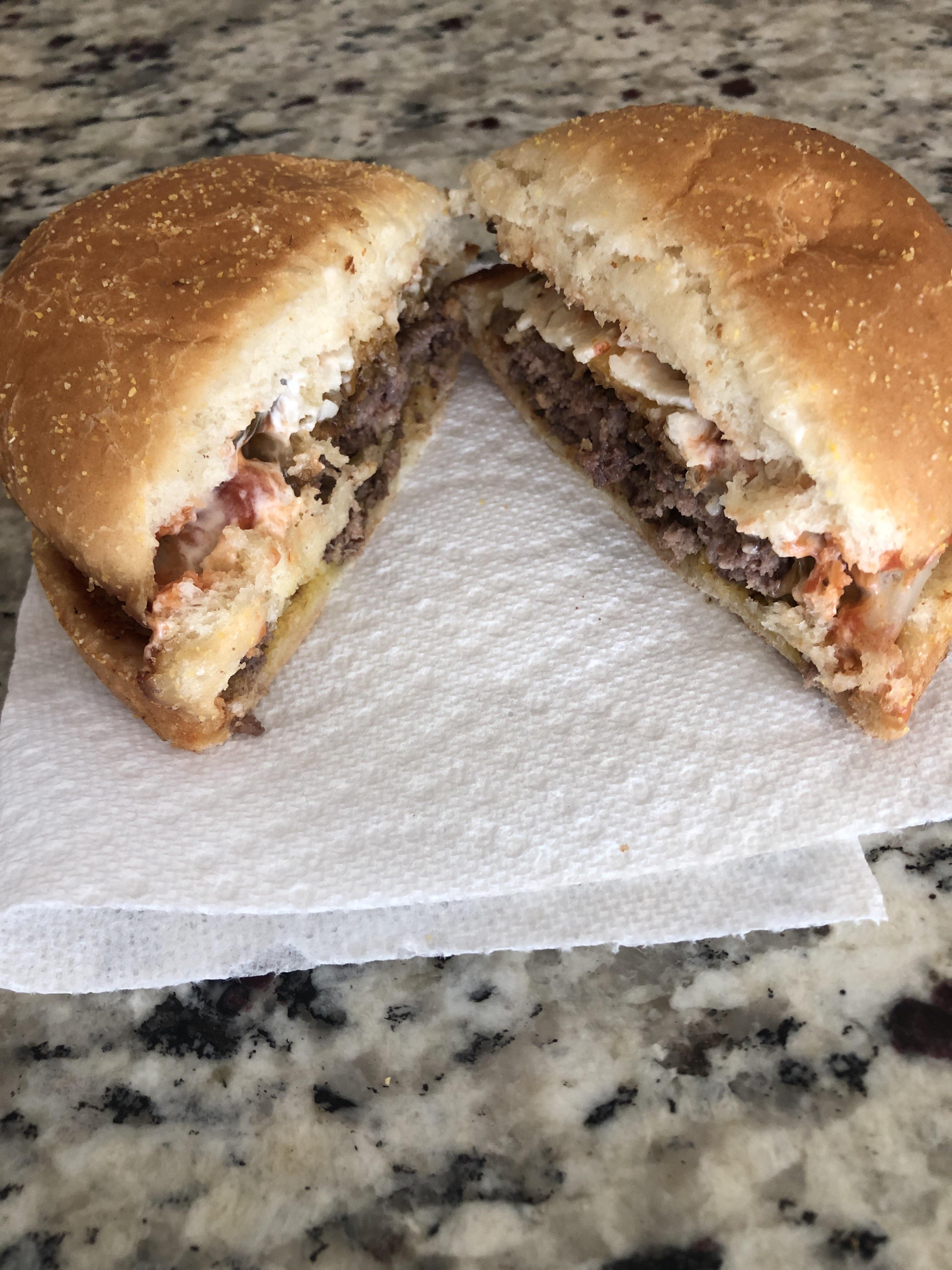 Burger with pepper jack and Colby jack and crispy onion straws r