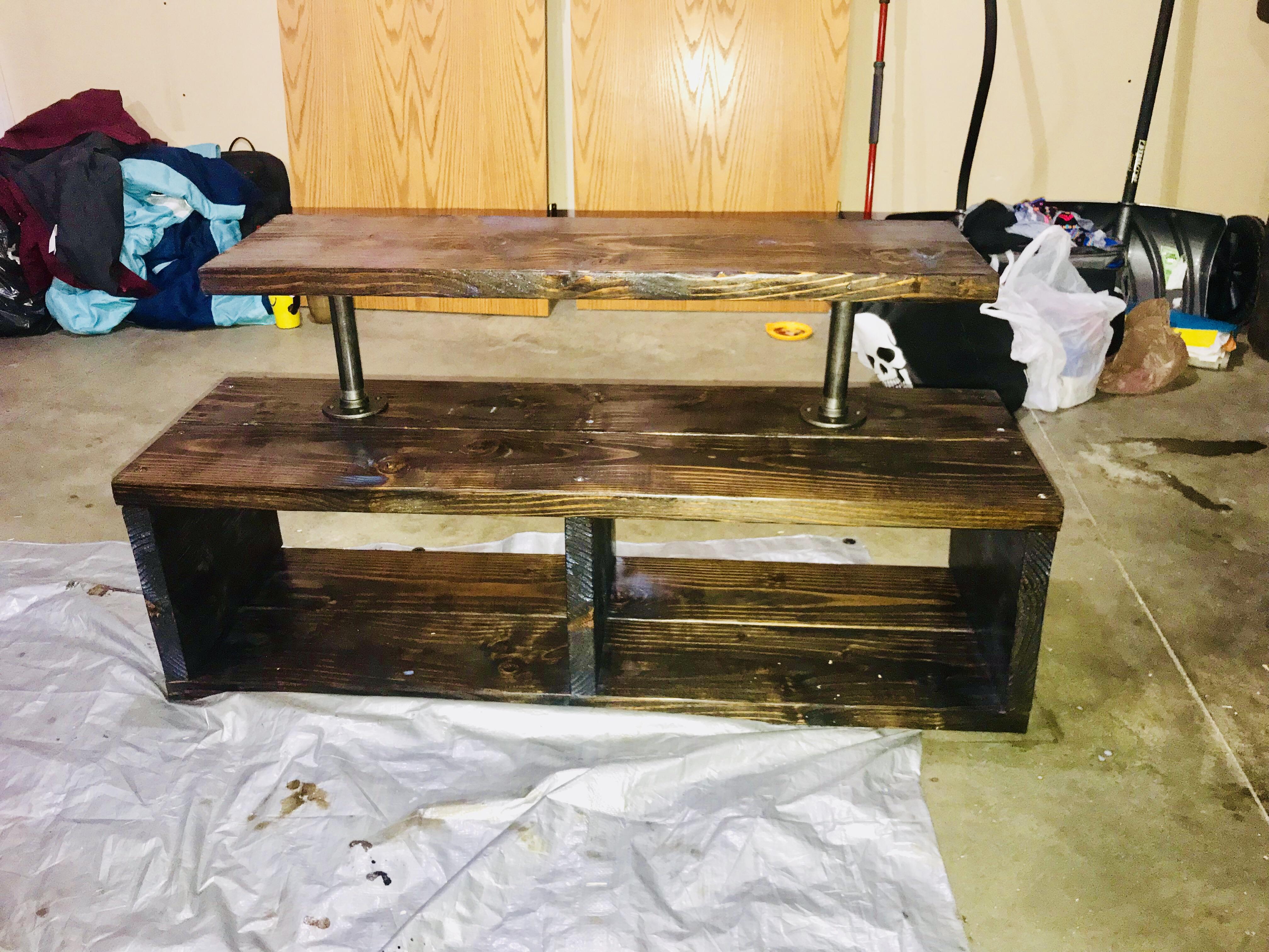 My second woodworking project. A Tv stand with galvanized piping that I