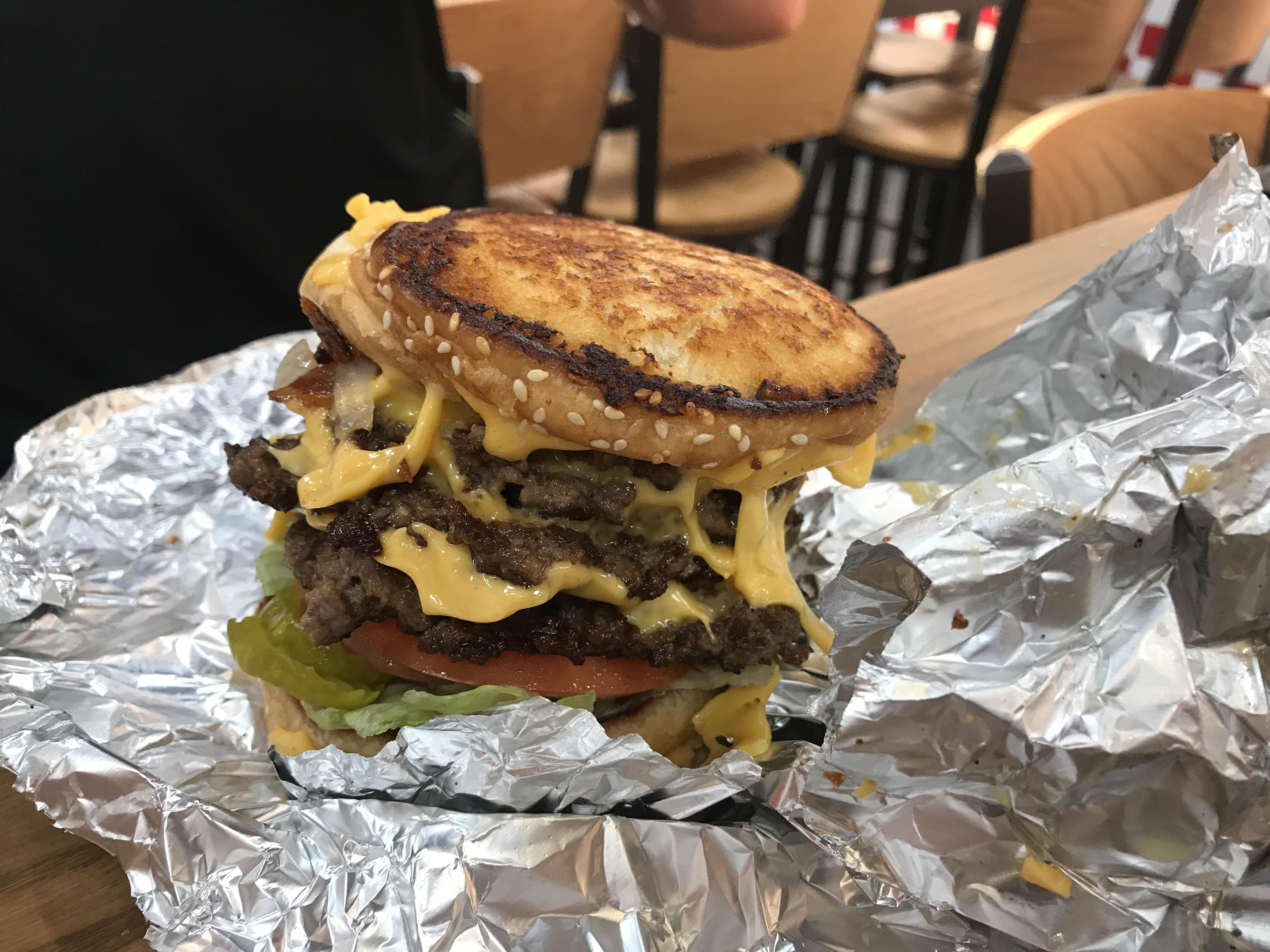 Five Guys creation grilled cheese as your top bun, bacon, 4 meat