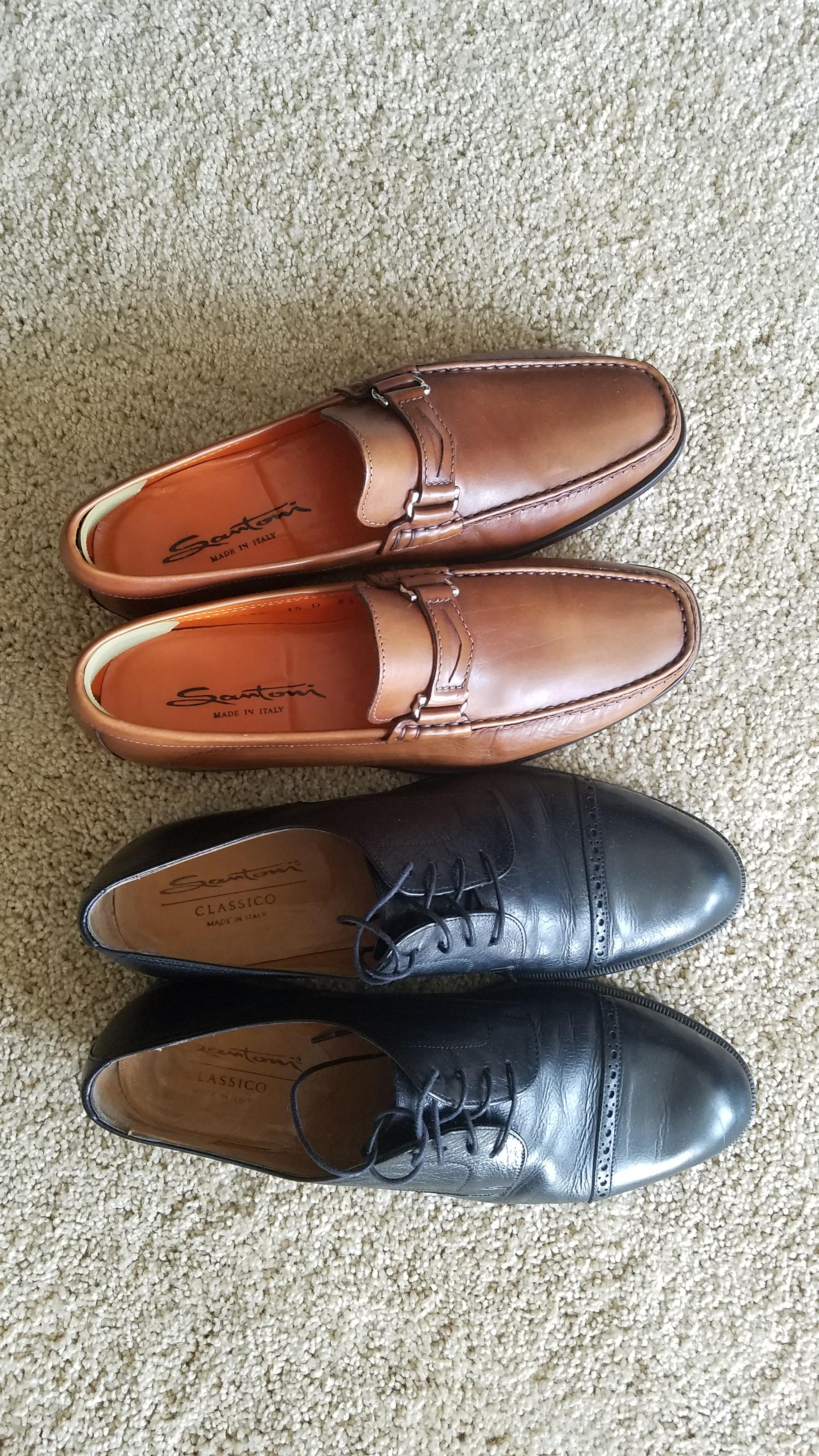 A pair of new Santoni Italian leather shoes can go for 5001000. I