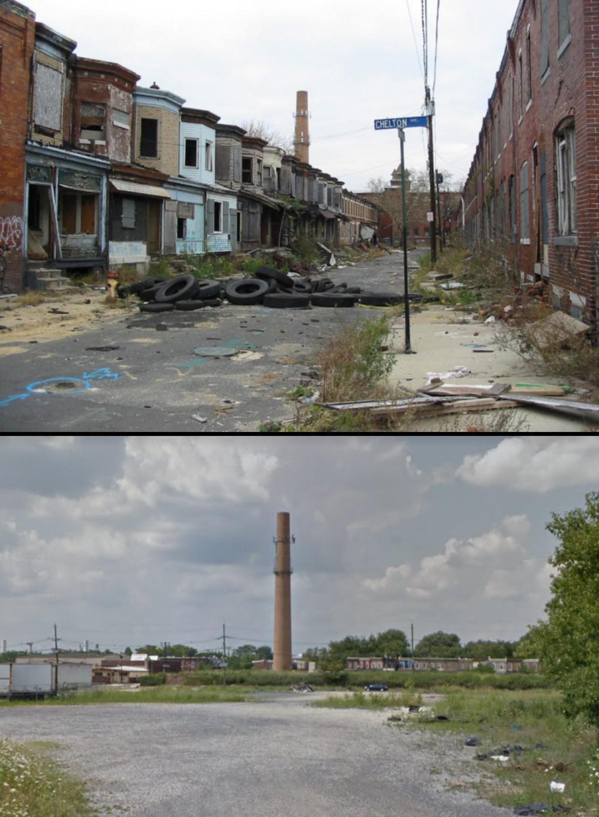 An abandoned neighborhood in Camden, New Jersey in 2009 compared to now