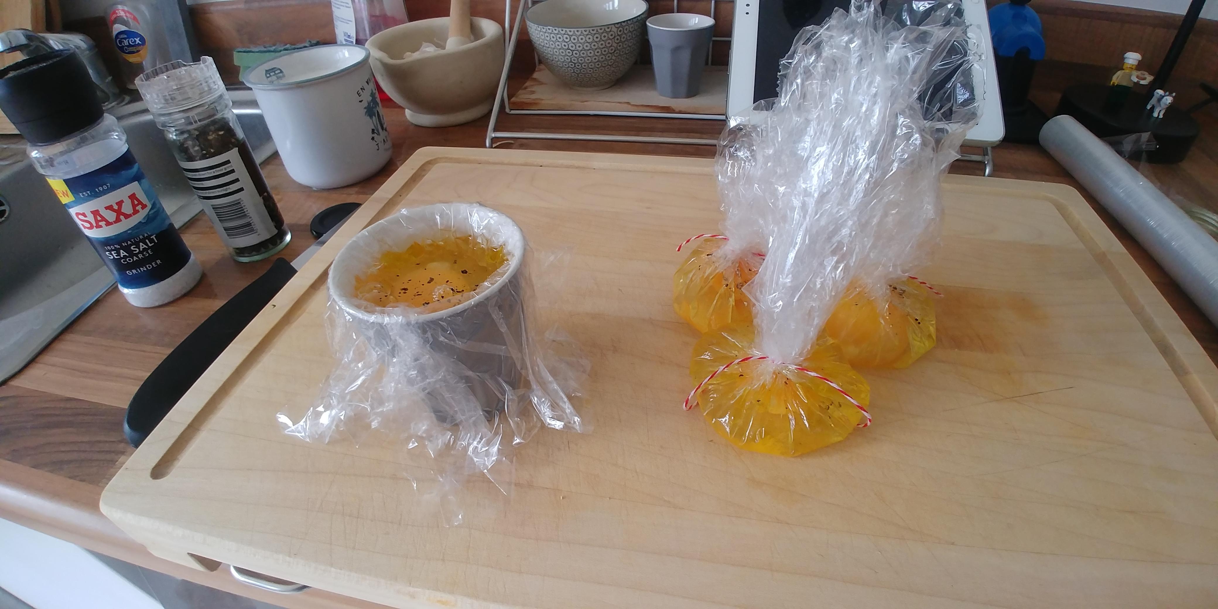 Tie egg, oil, salt and pepper, in cling film for poached eggs that dont