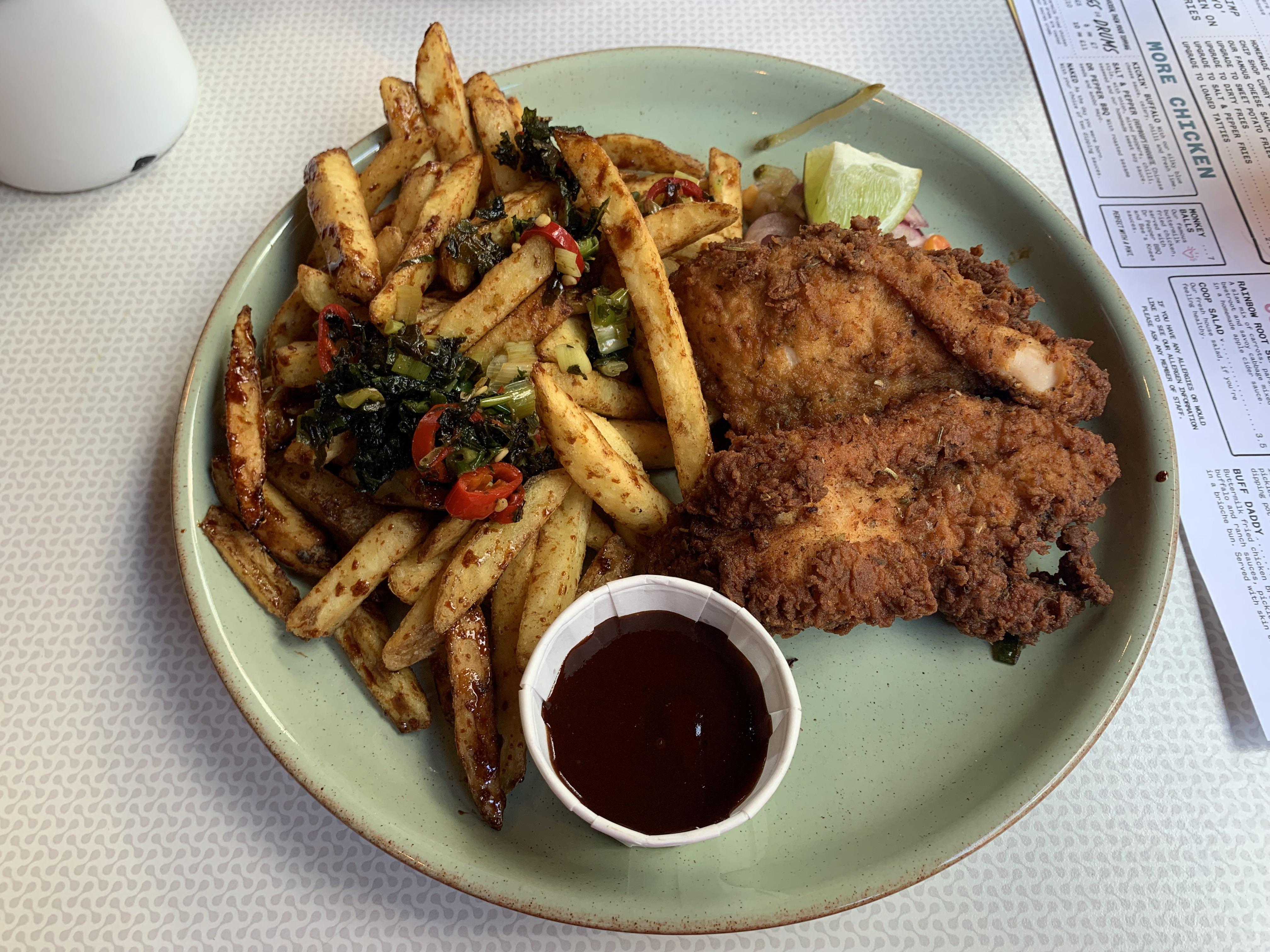 Buttermilk fried chicken, salt & pepper fries and Dr Pepper bbq sauce