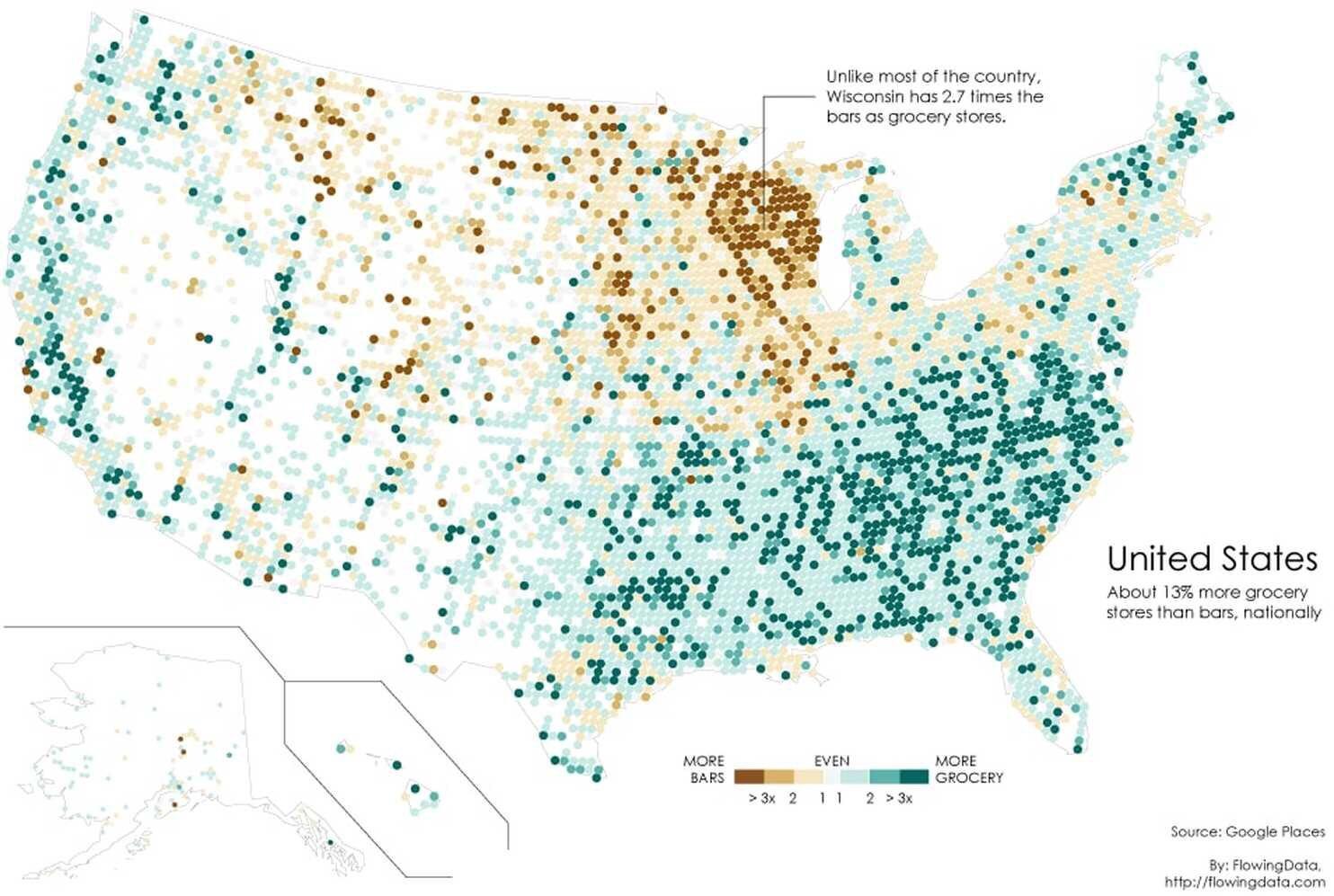 Map showing the ratio of bars to grocery stores in Wisconsin. Some