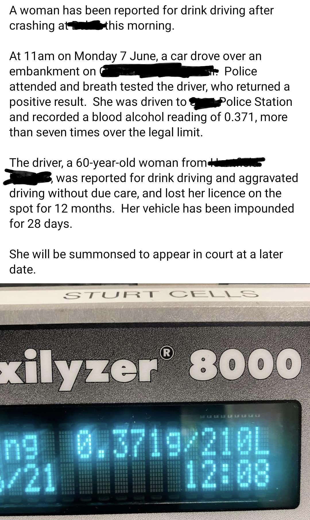 Driving while septupling the legal blood alcohol limit. r