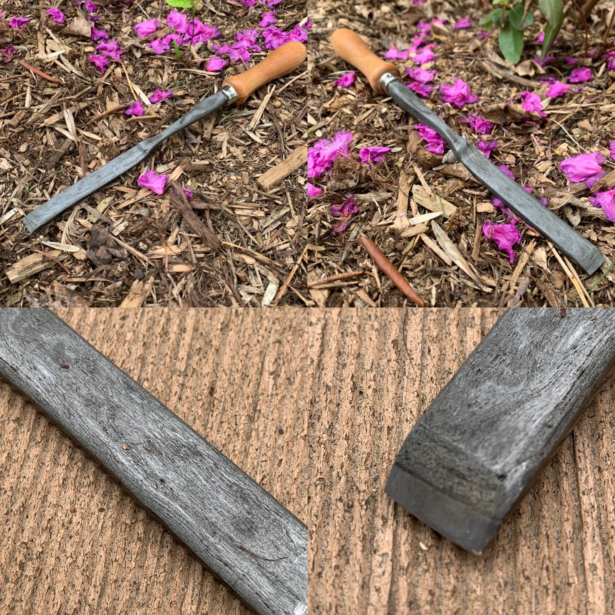 My first attempt at a wood chisel. Wrought iron body with 52100