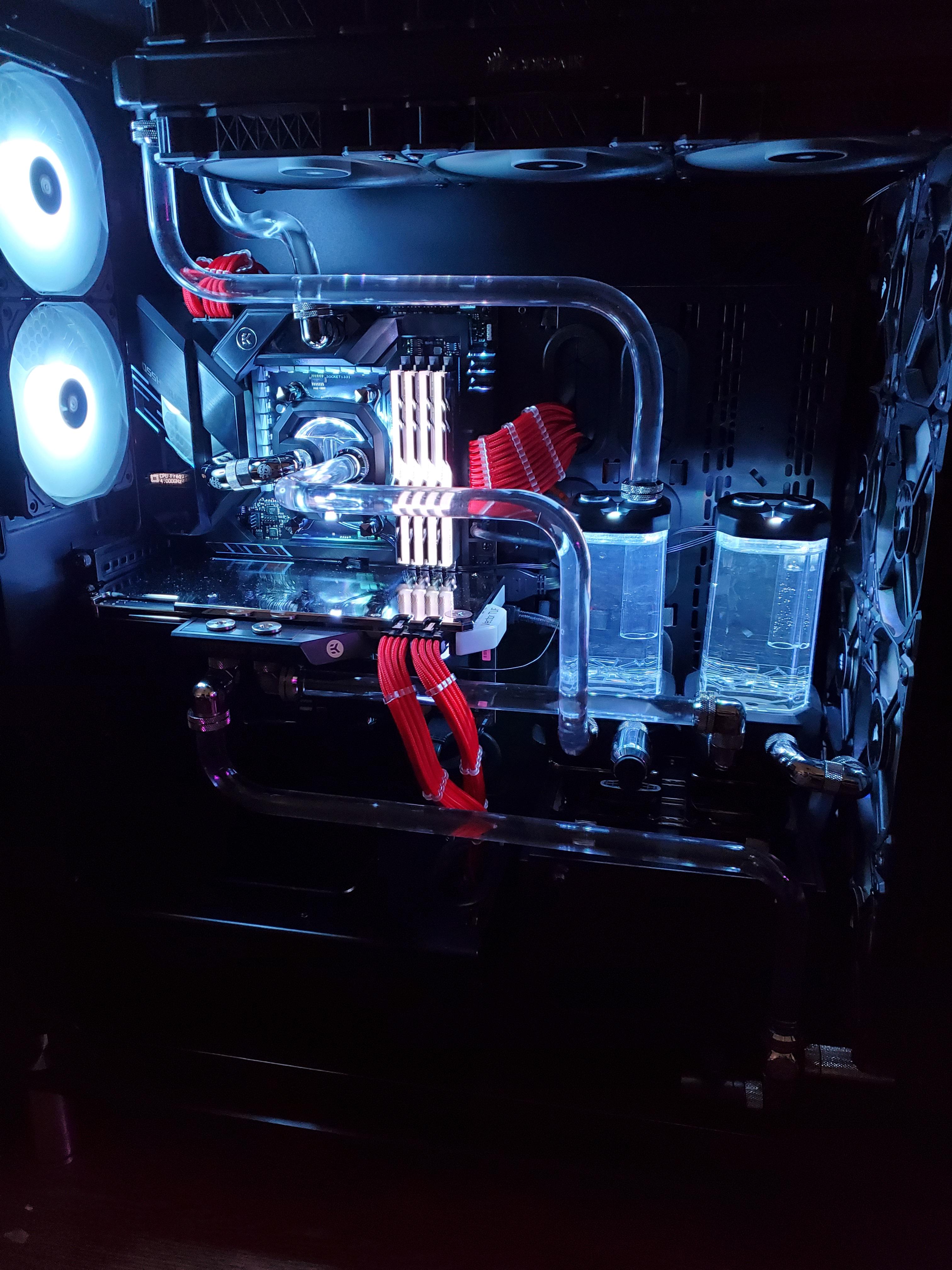 Corsair 1000D case w/ 5950X and Asus 3080. Custom dual loop with EK gpu