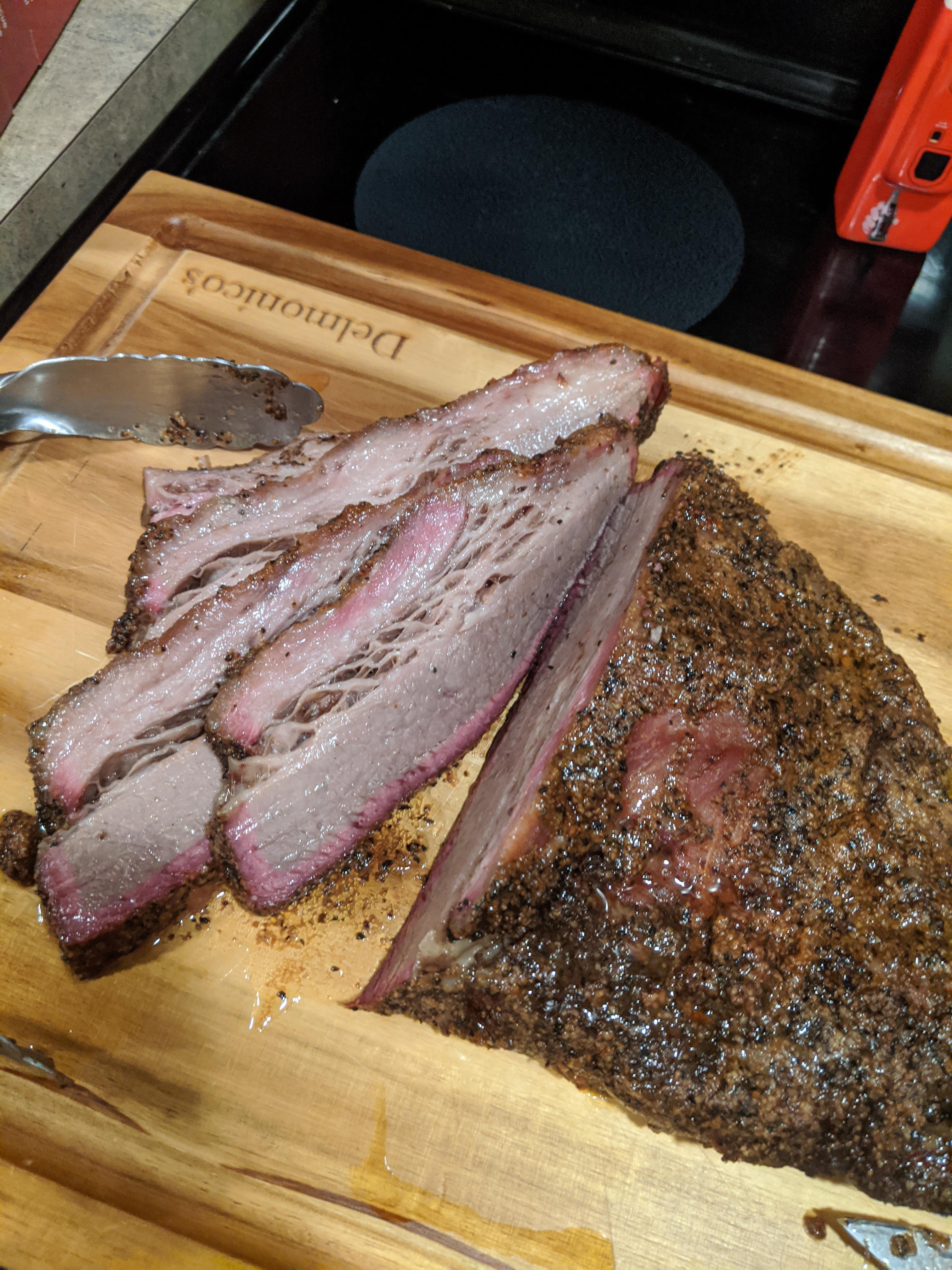 First time smoking a brisket flat. Didn't get the dark bark I wanted but dang it was good! Used