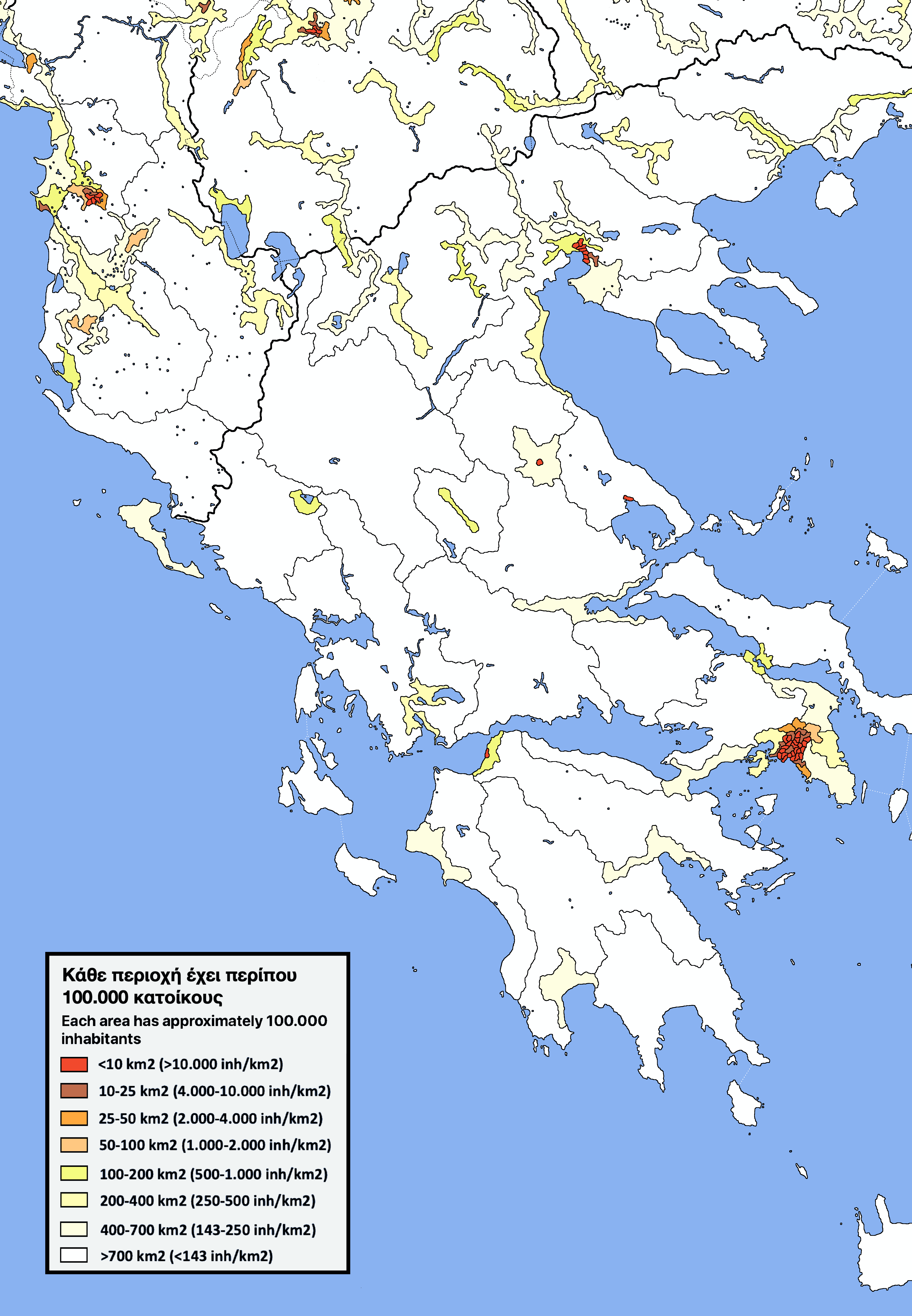 Self made population density map of mainland Greece, absolute amount of