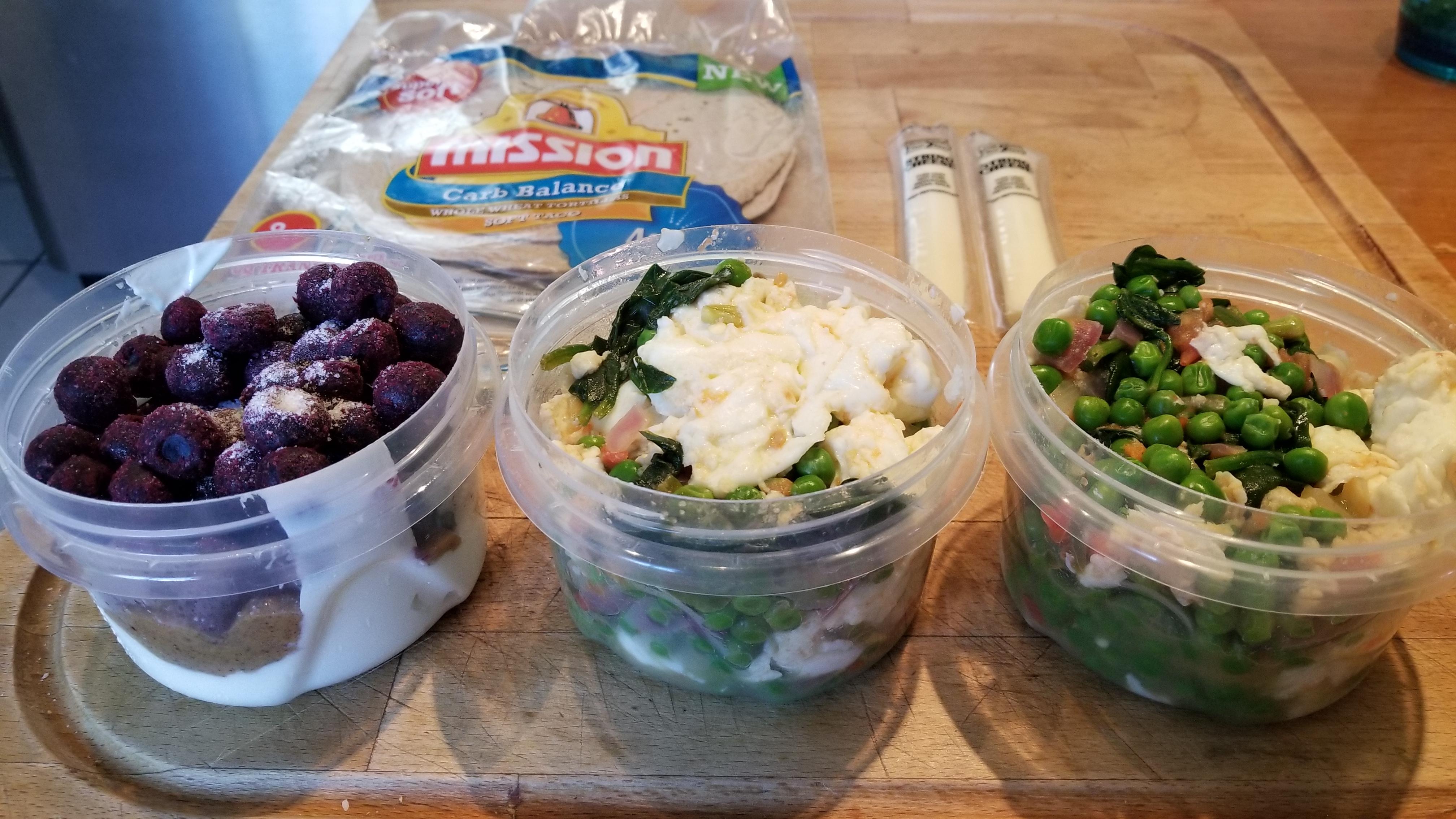Morning meal prep for work. Egg white scramble x2, Greek yogurt w