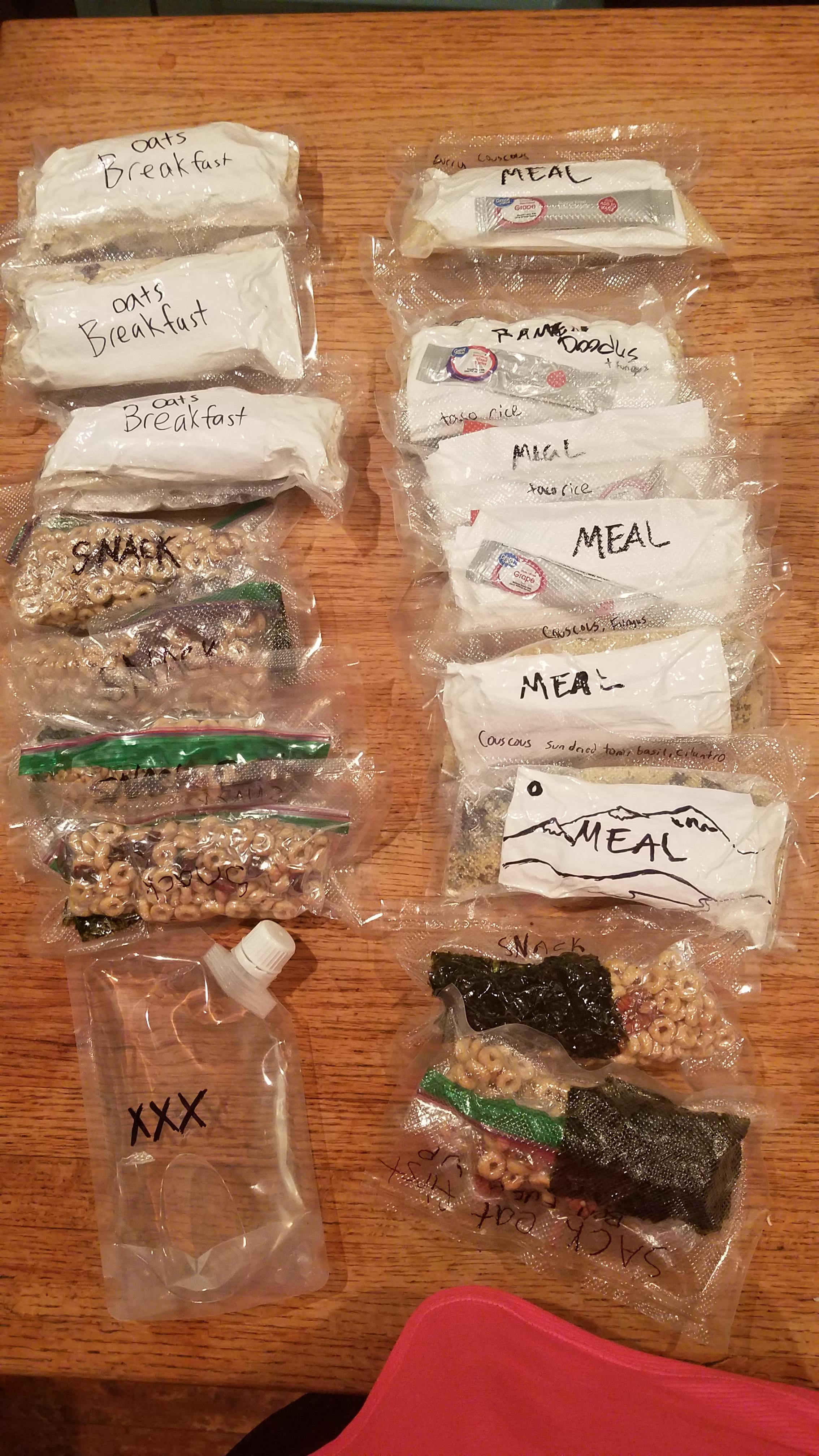 Grab and go meals for my weekend hike. Vacuum sealer and dehydrator