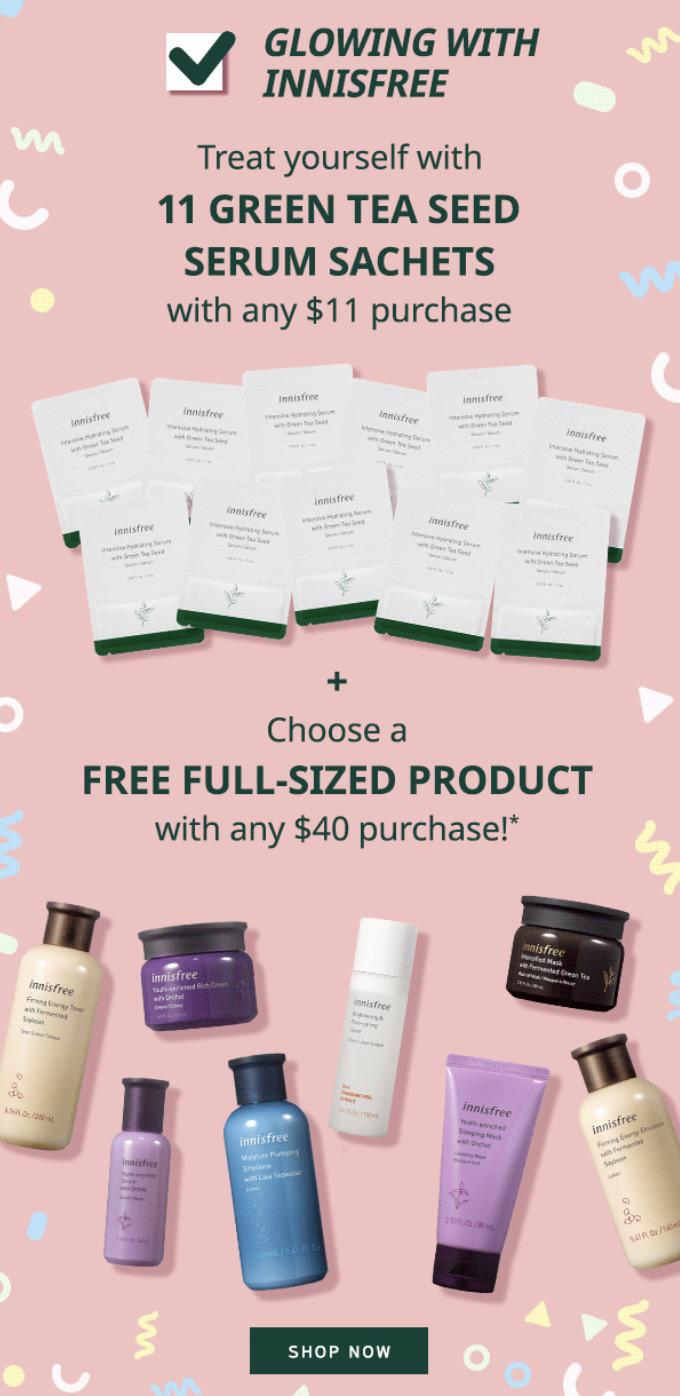 Innisfree US Singles Day free 11 pc serum + free fullsized product