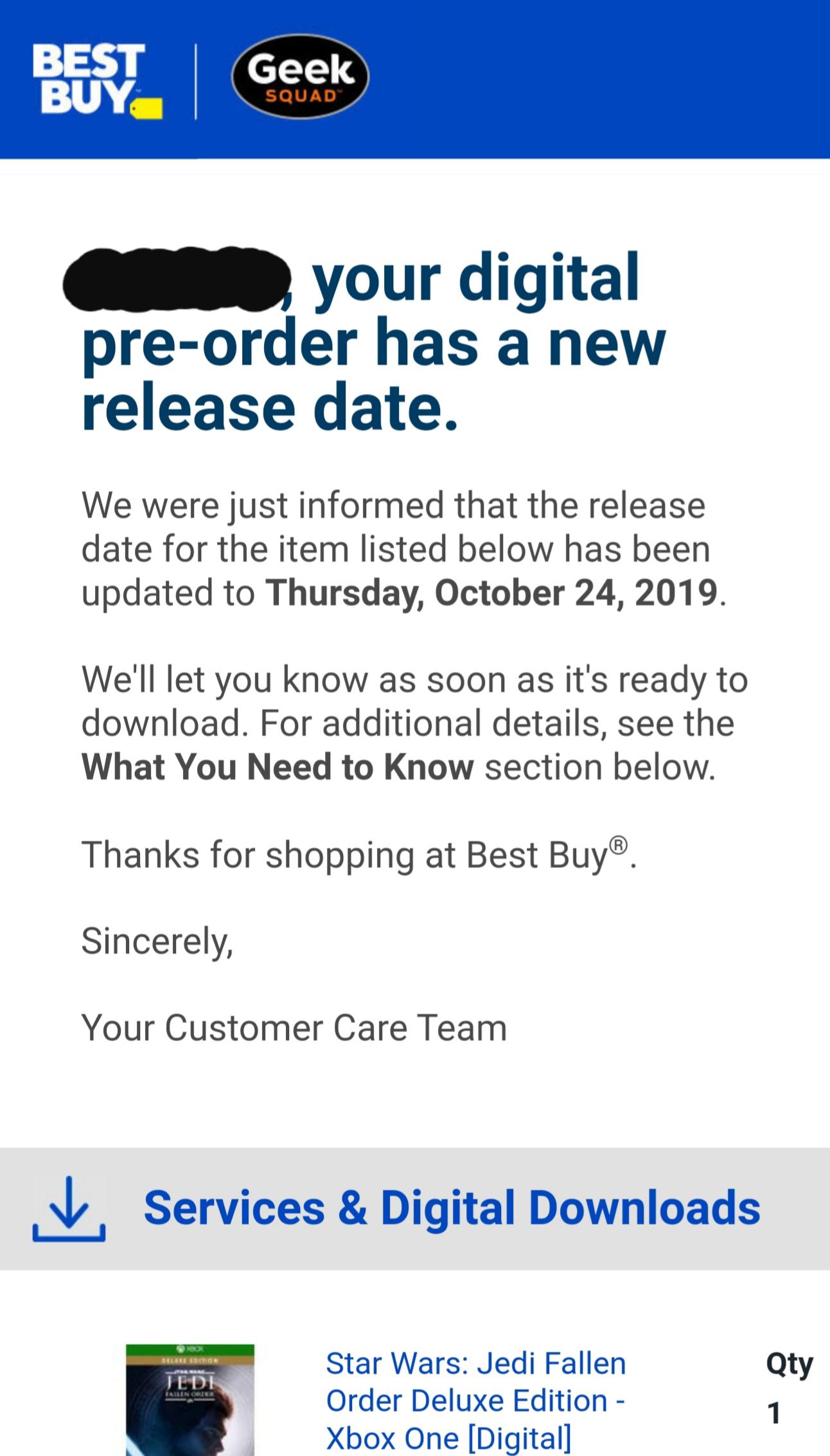 Received an email from Best Buy with an updated release date, but can