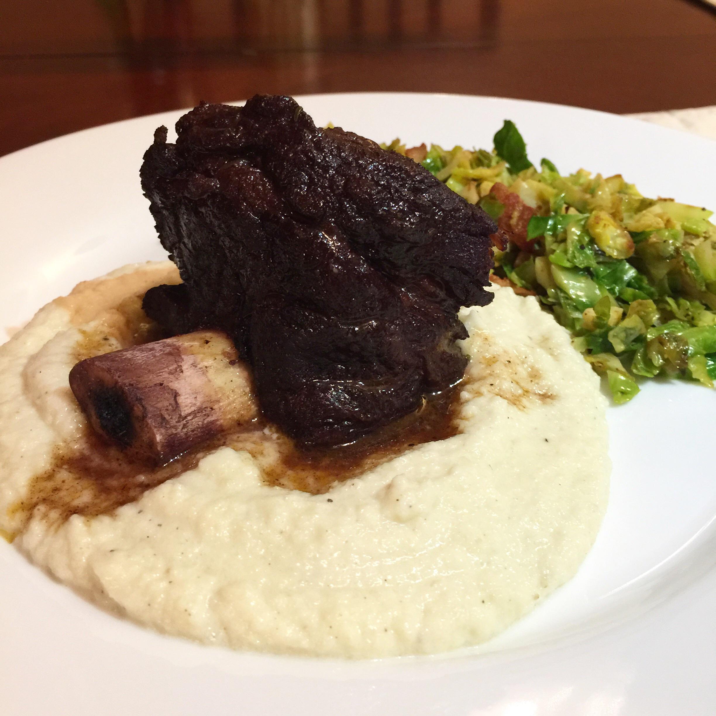 Homemade Red Wine Braised Short Ribs over Mashed Cauliflower and