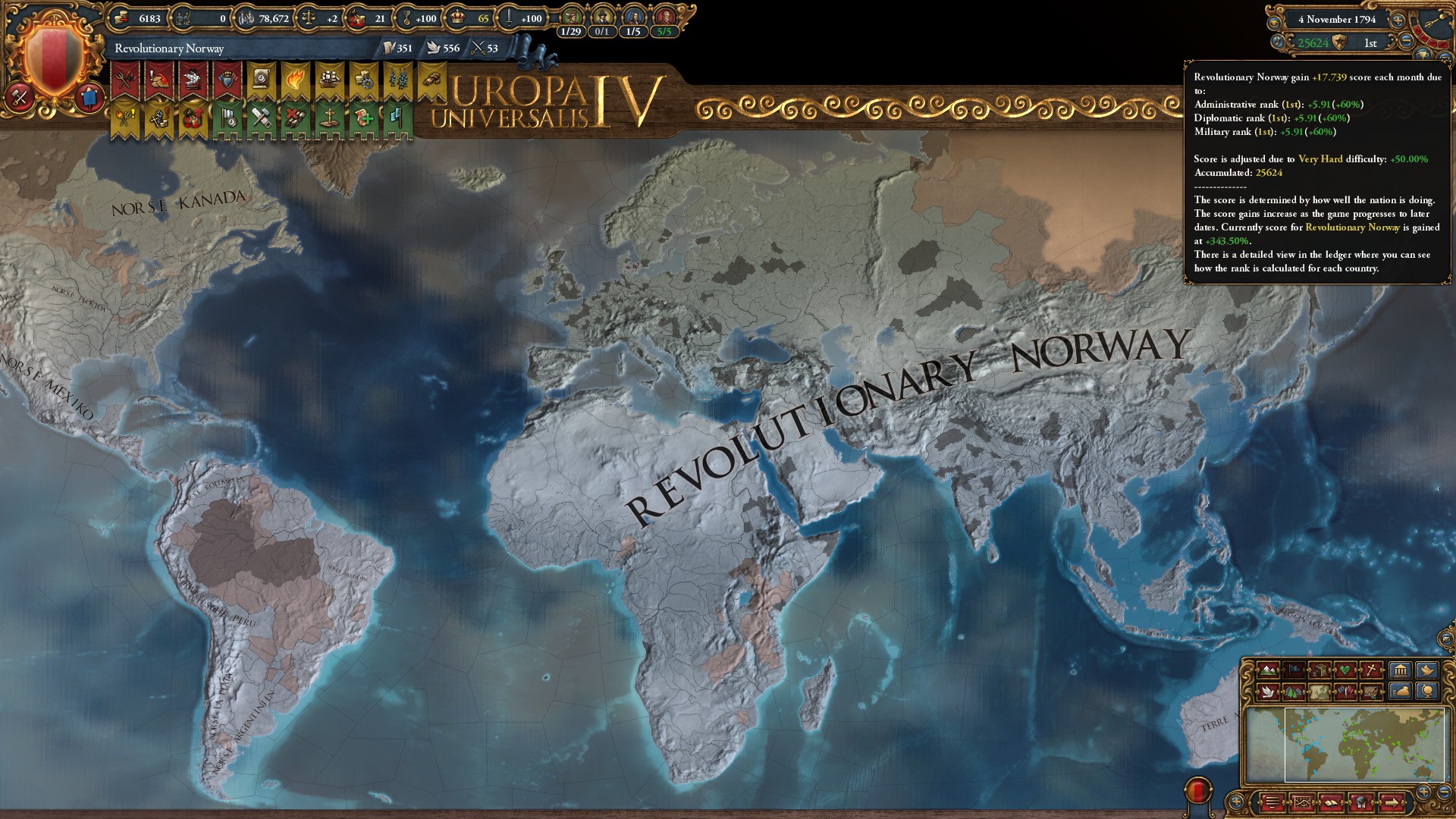 One Tag World Conquest on Very Hard as Norway eu4