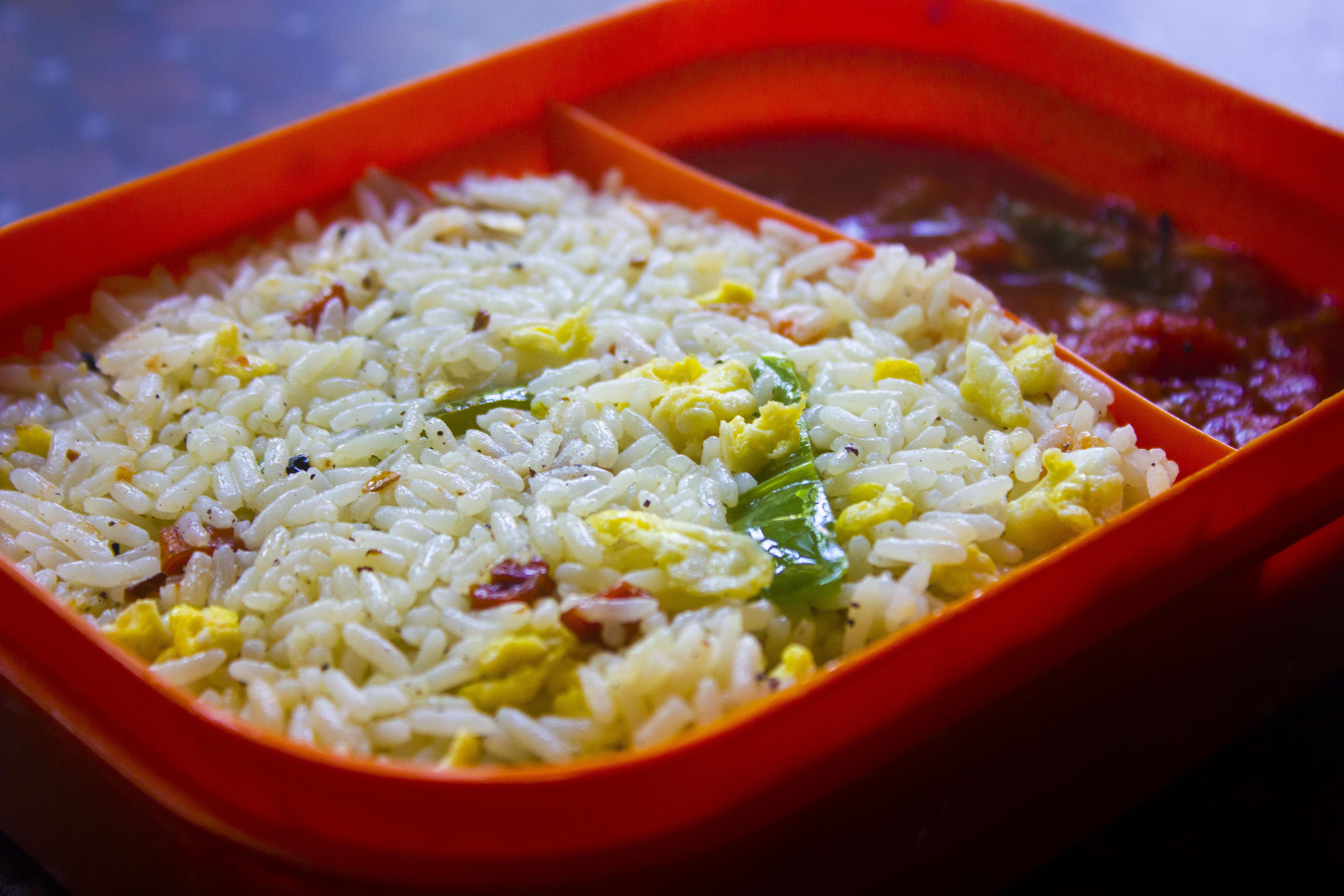 Vegetable fried rice and peppery tomato sauce, a healthy tiffin! [OC