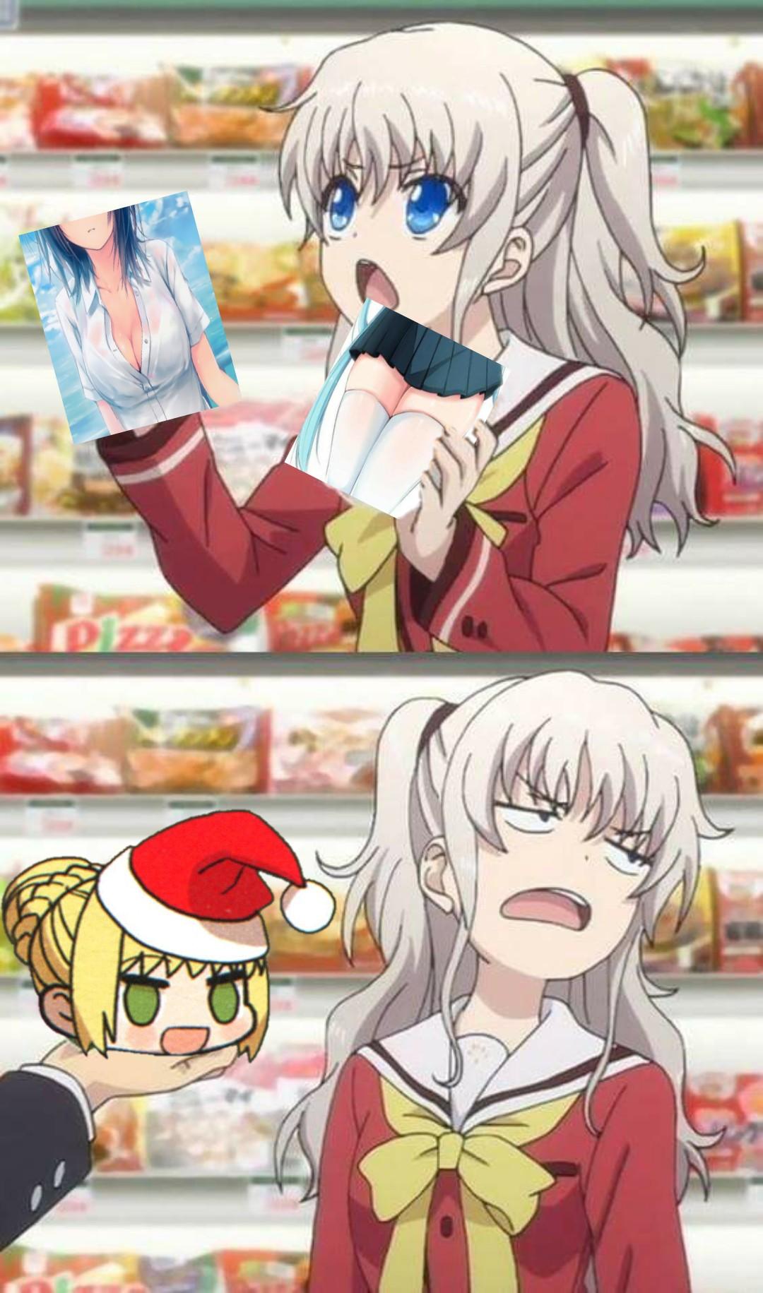 Anime girl holding desired items anime guy(?) holding undesired item