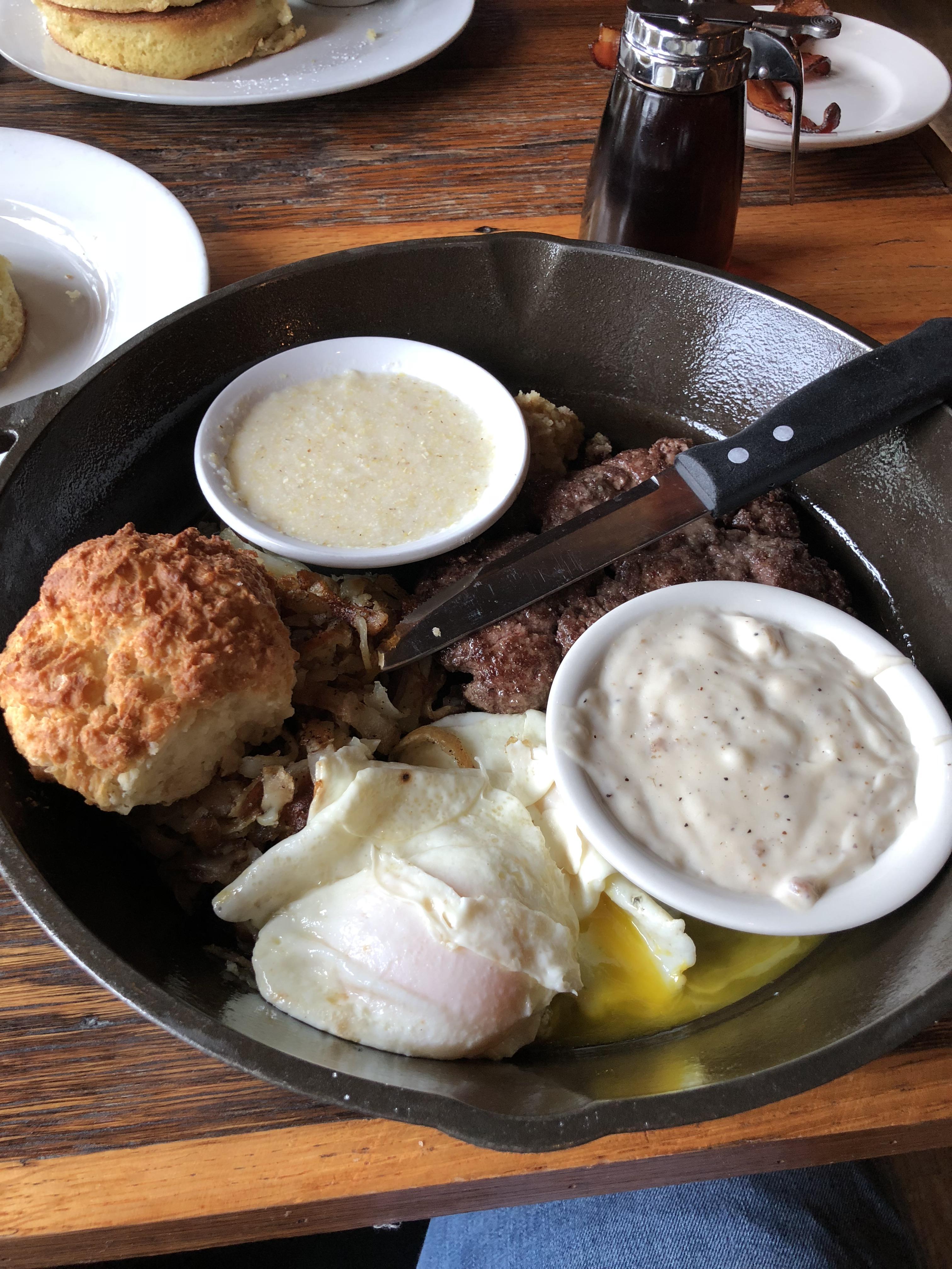 Breakfast in a giant skillet. Found in Crocketts’s Breakfast Camp in