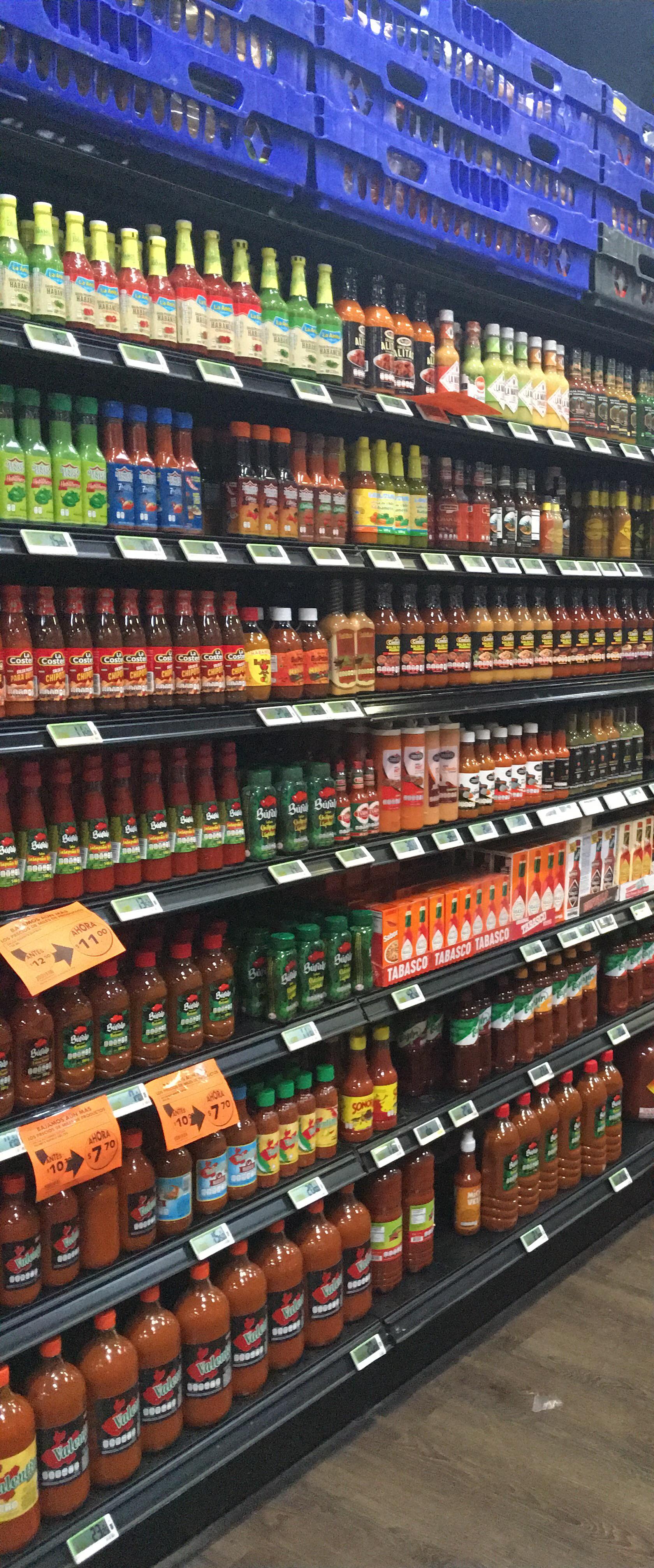 Just part of the hot sauce aisle in a "La Comer" shop in Mexico City
