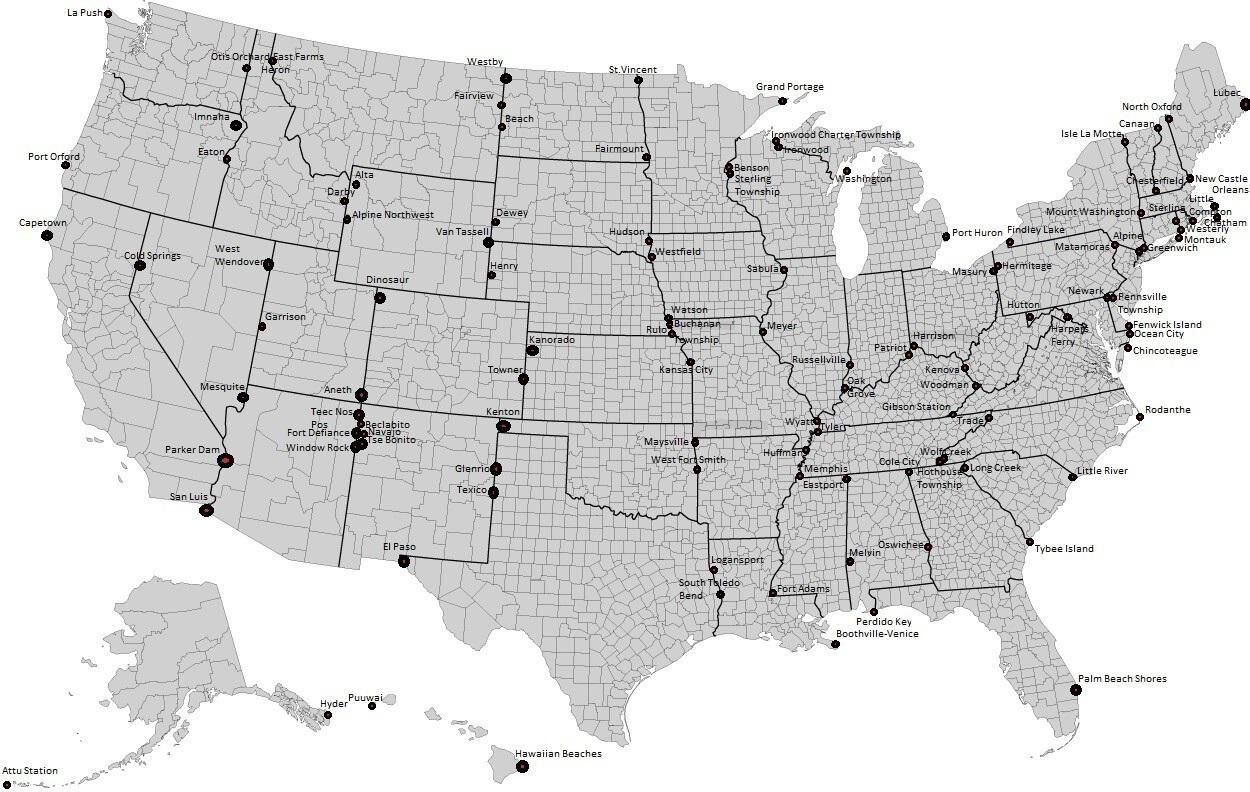 All CDPs, Unincorporated Communities, Townships, and Cities furthest