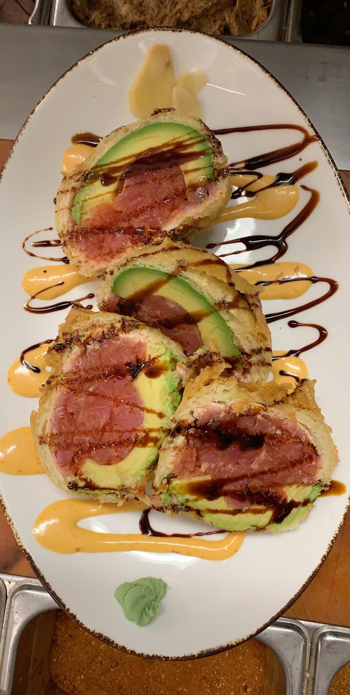 Tuna fireball saku tuna, avocado, tempura fried topped with