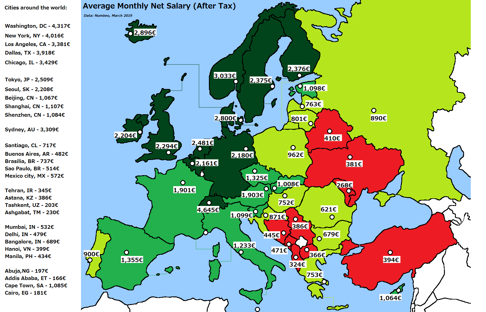 Net monthly salary in European cities (and some international cities
